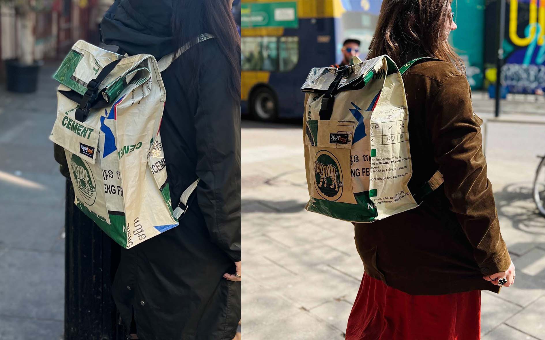 Recycled material roll-top backpack
