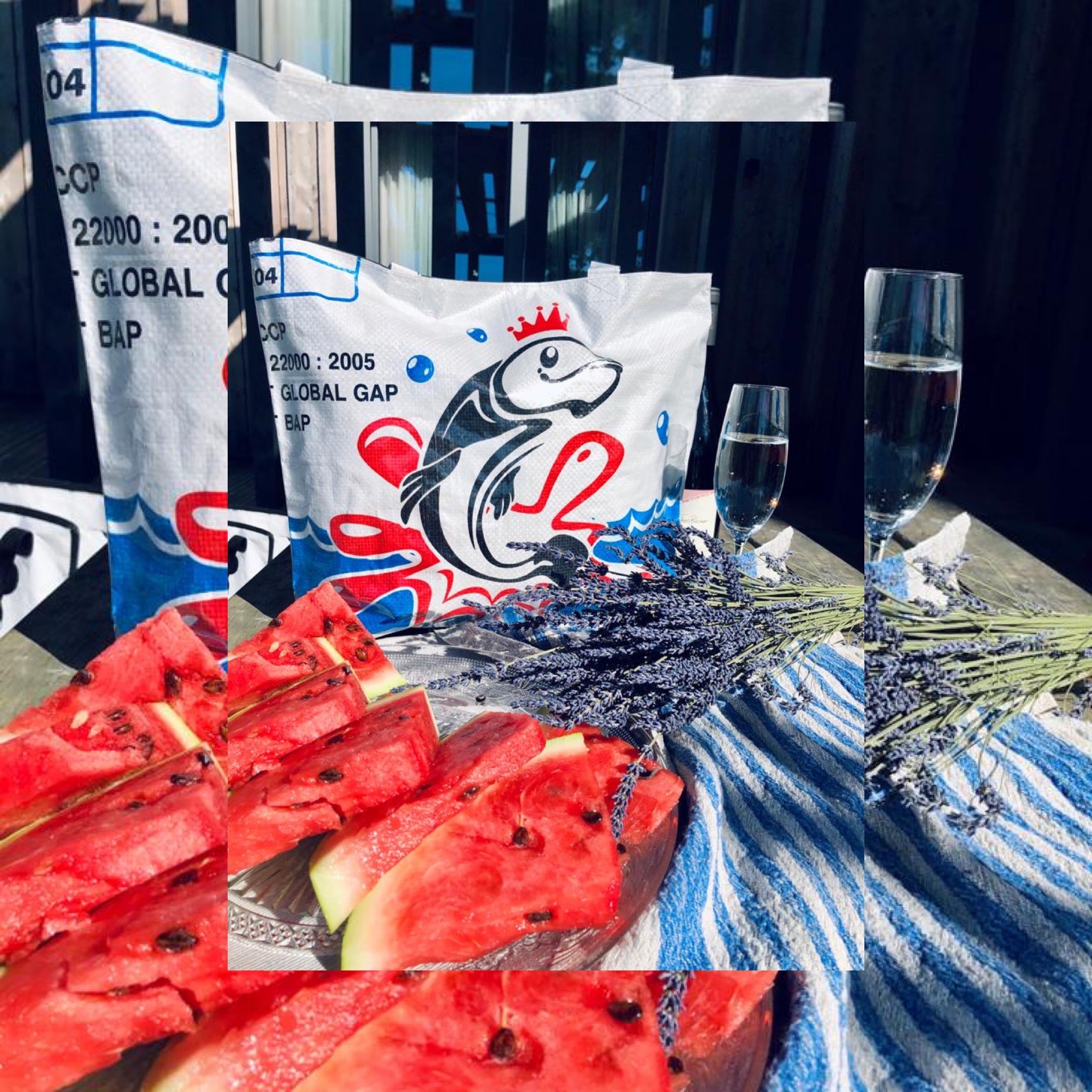 Recycle material bag with fish print and watermelon by UppyBags