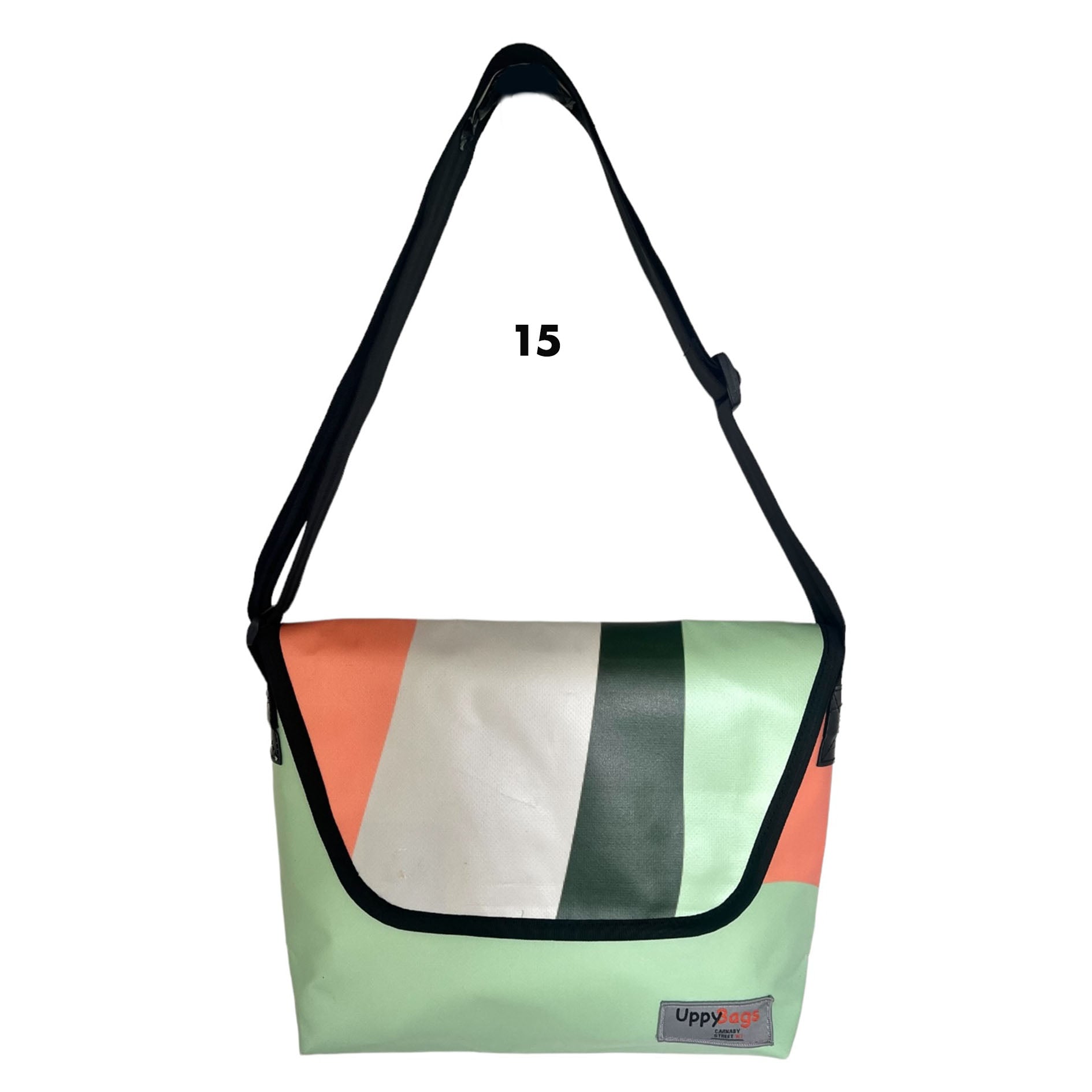 Recycled material shoulder bag, bag made from building banner