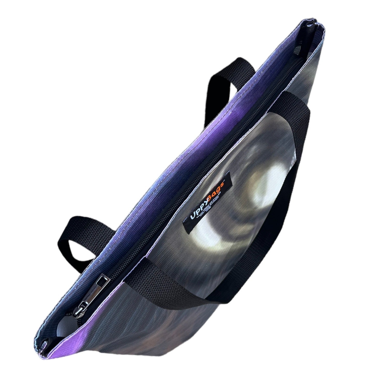 Recycled from building hoarding material tote bag with print and zip tote