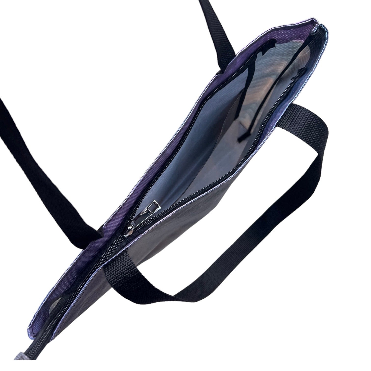 Recycled from building hoarding material tote bag with print and zip tote