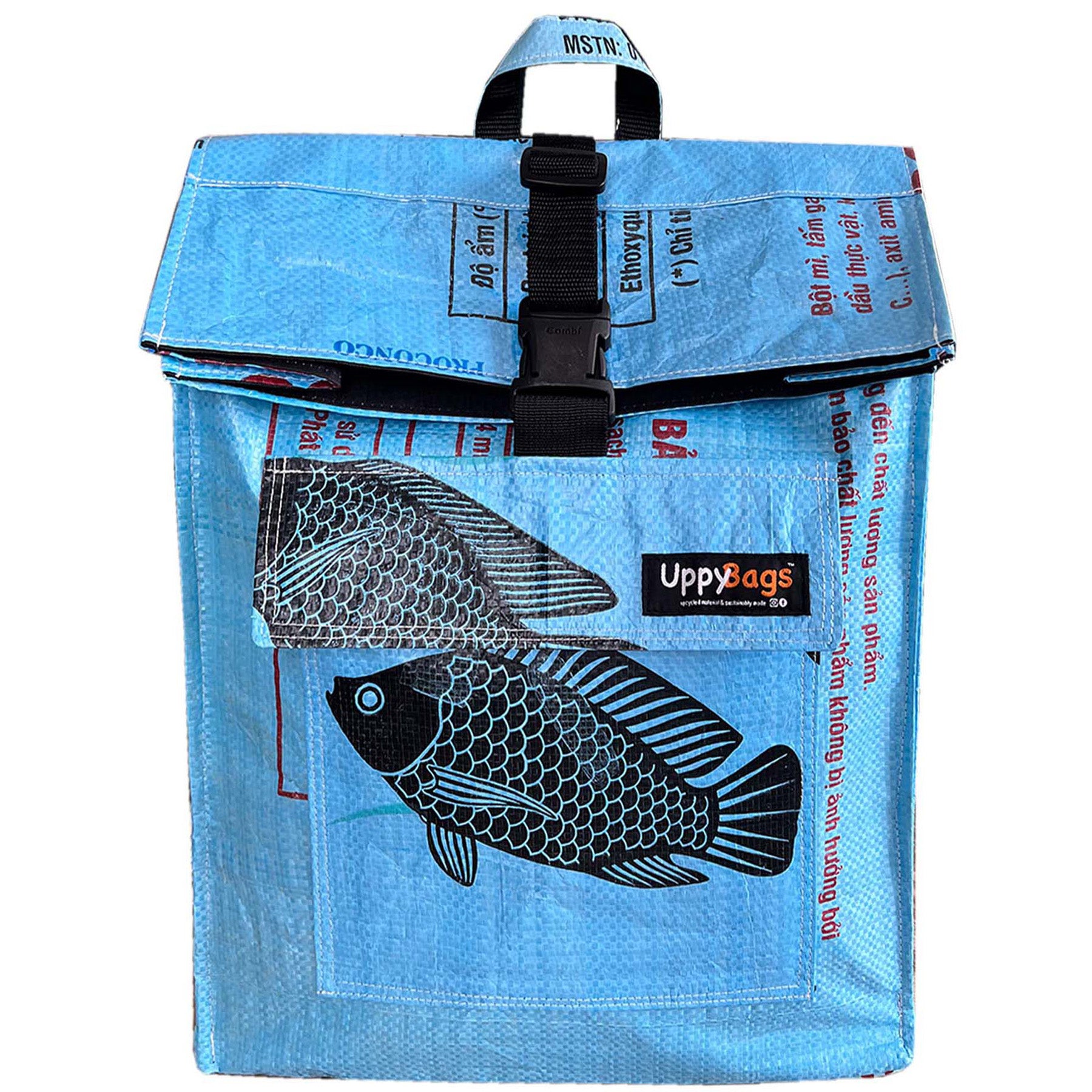 Blue denim-style bag with fish design and UppyBags branding on a white background