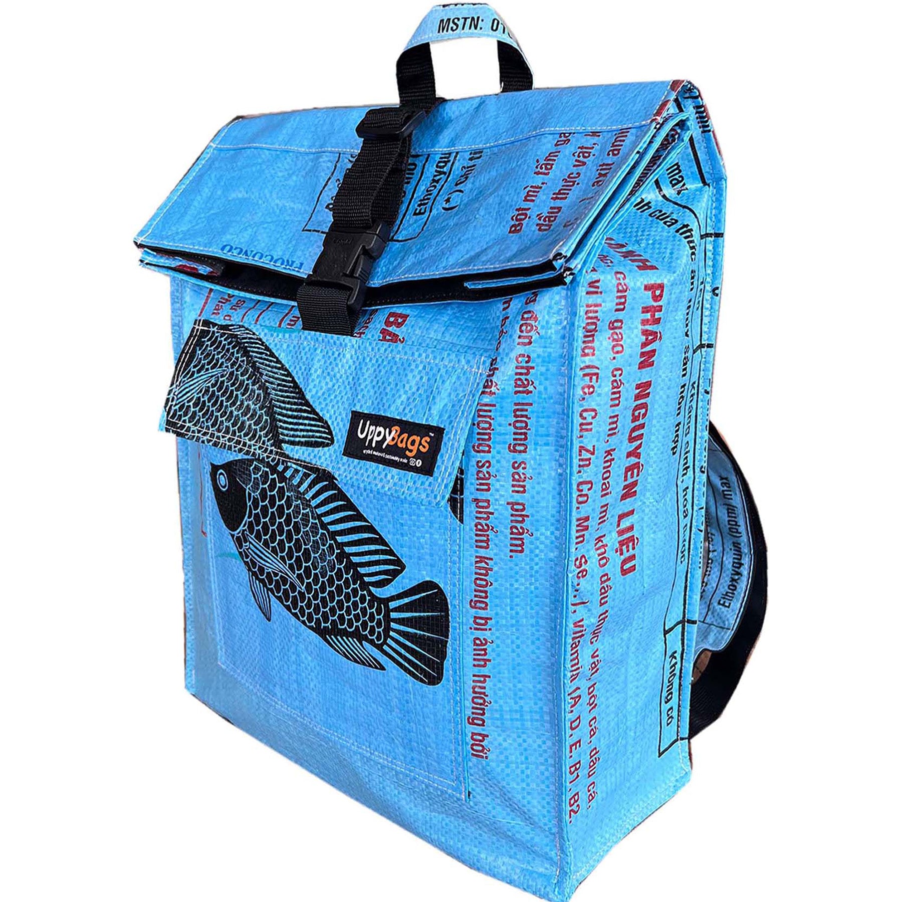 Blue insulated lunch bag with fish design and visible branding on a white background