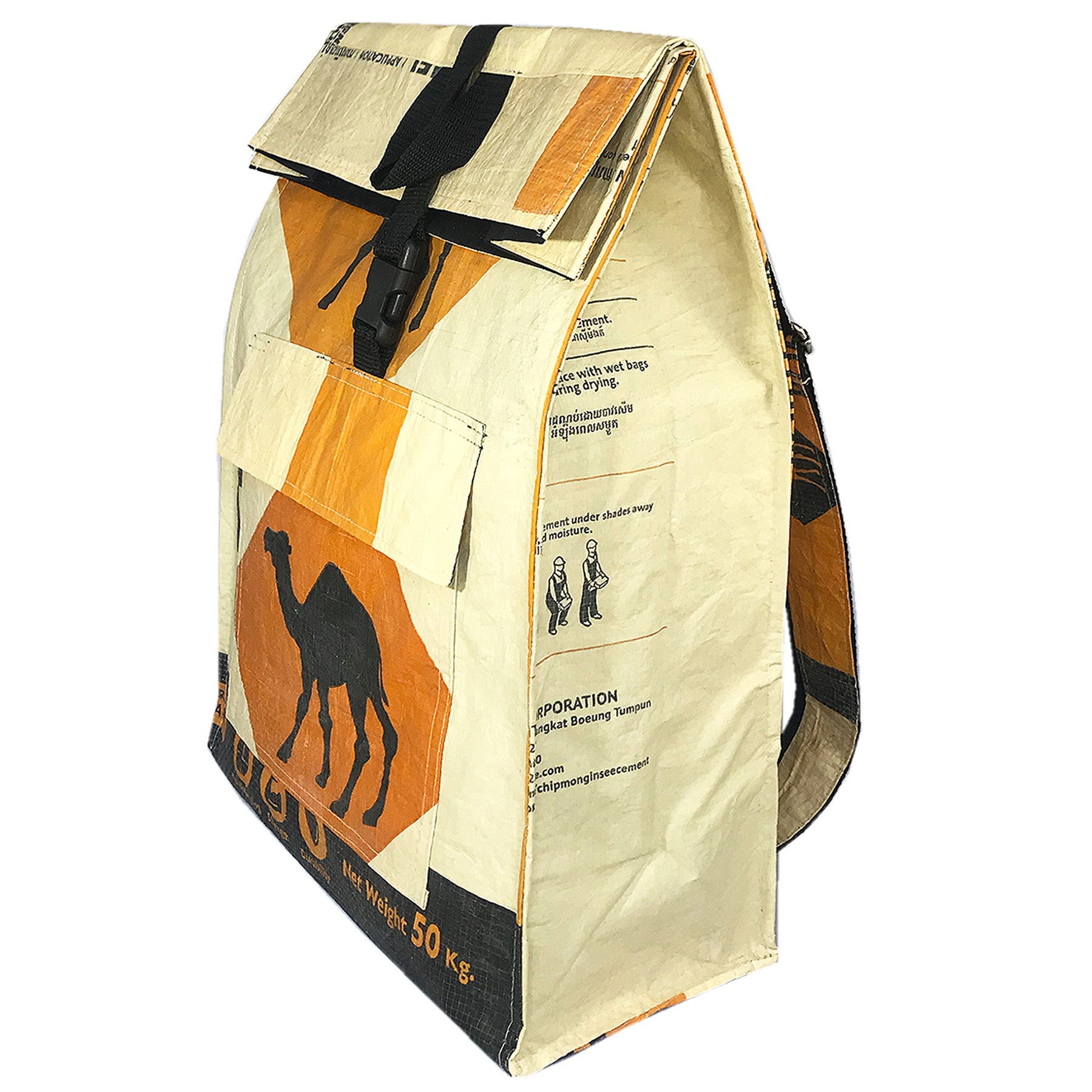 Beige and orange bag with camel design and text on a white background