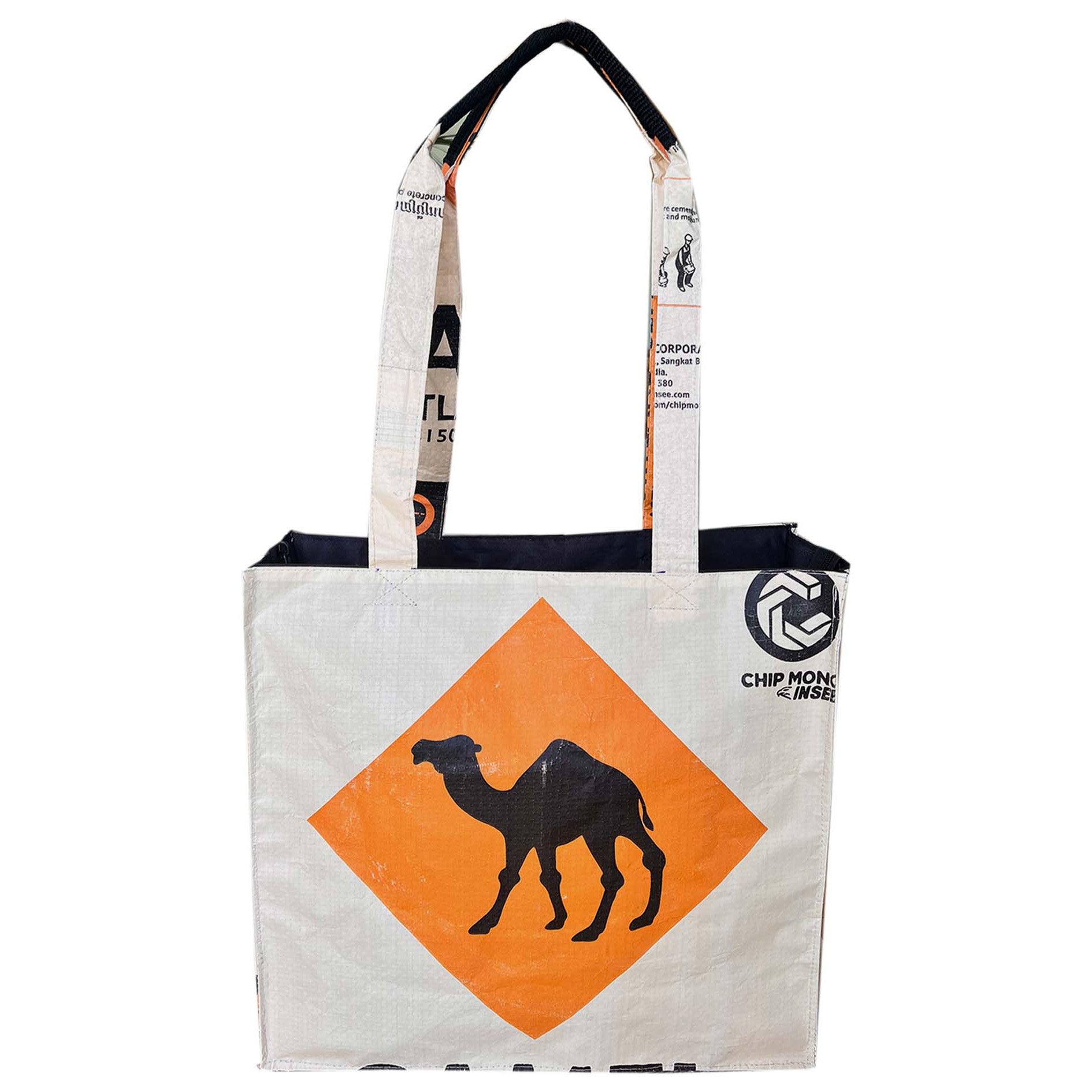Recycled material tote made from discharged cement sack with camel