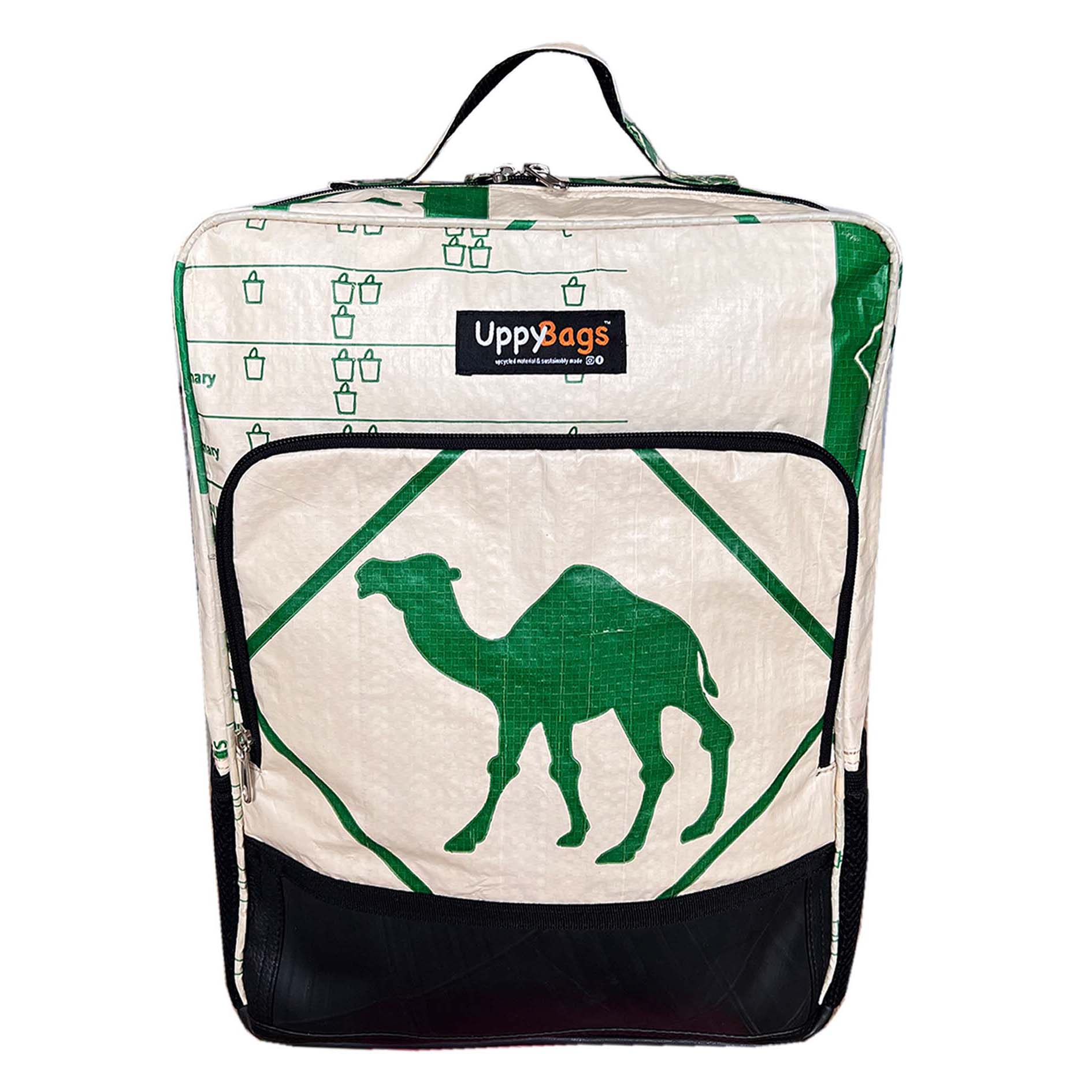 Recycled backpack UK, ethical bags UK, recycled material backpack with animal print. Laptop backpack, work backpack made of recycled material with elephant and green camel print UppyBags  
