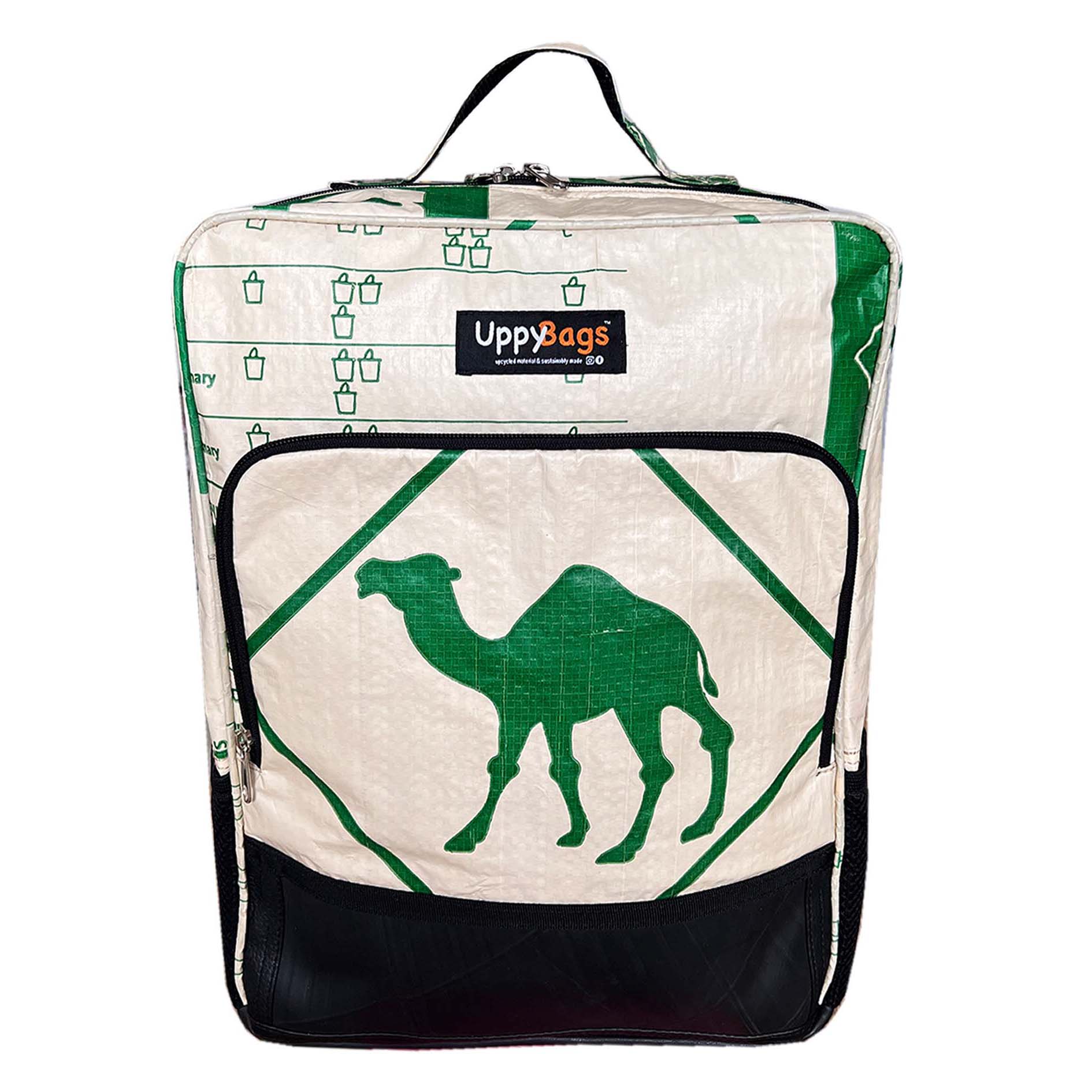 Recycled backpack UK, ethical bags UK, recycled material backpack with animal print. Laptop backpack, work backpack made of recycled material with elephant and green camel print UppyBags