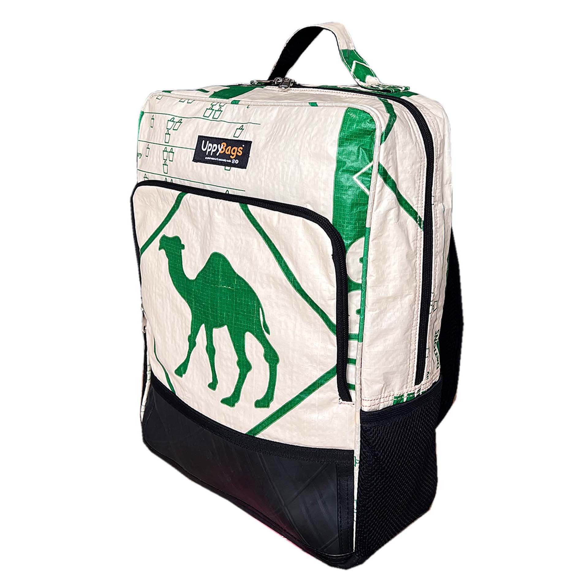 Recycled backpack UK, ethical bags UK, recycled material backpack with animal print. Laptop backpack, work backpack made of recycled material with elephant and green camel print UppyBags