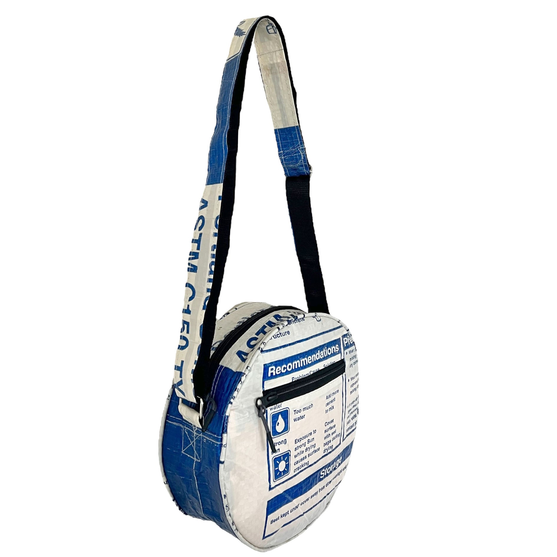 Recycled material round bags with animal prints . Ethical bags.