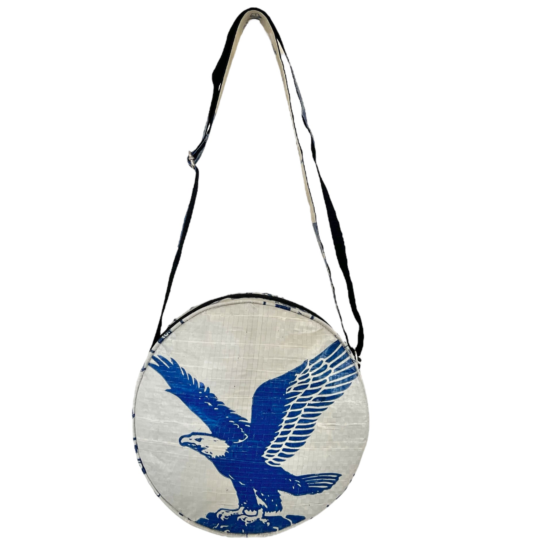 Recycled material round bags with animal prints . Ethical bags.
