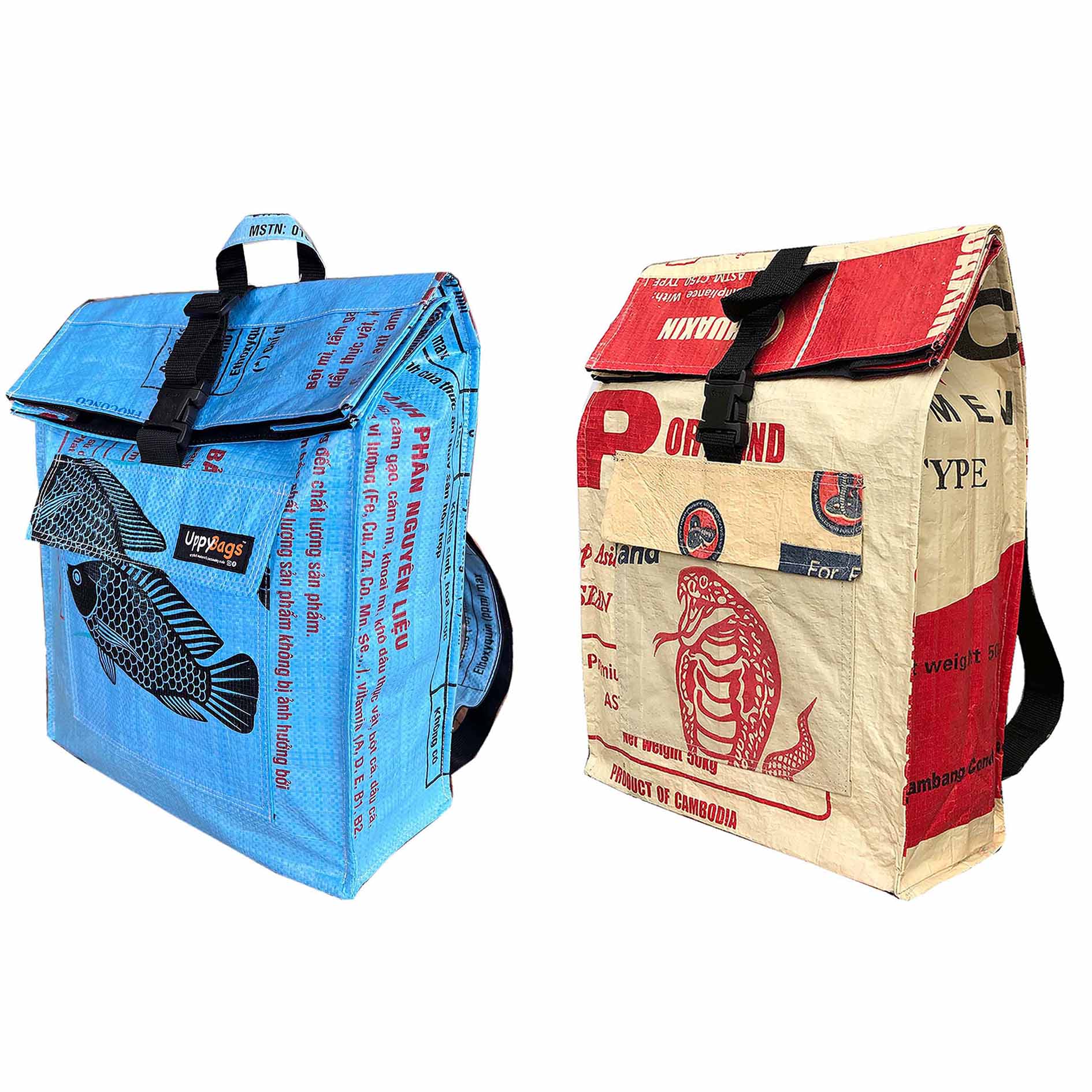 Recycled material roll-top backpacks with animal prints