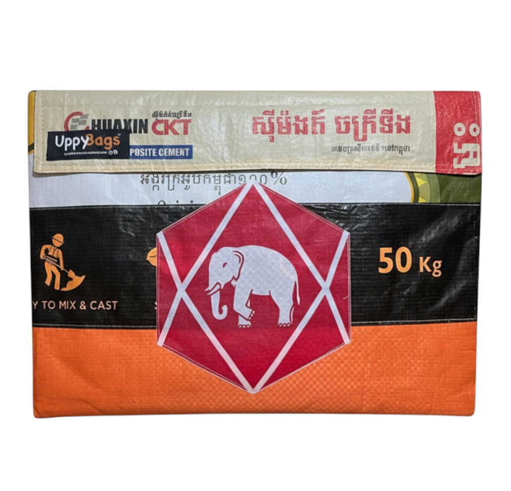 Cement bag laptop cover with branding and product details on a white background