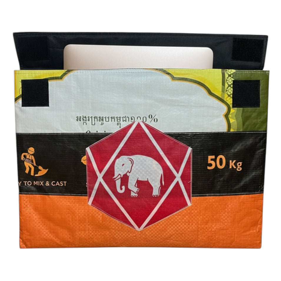 Colourful laptop bag with a red and white logo featuring an elephant, text, and '50 Kg' marking.