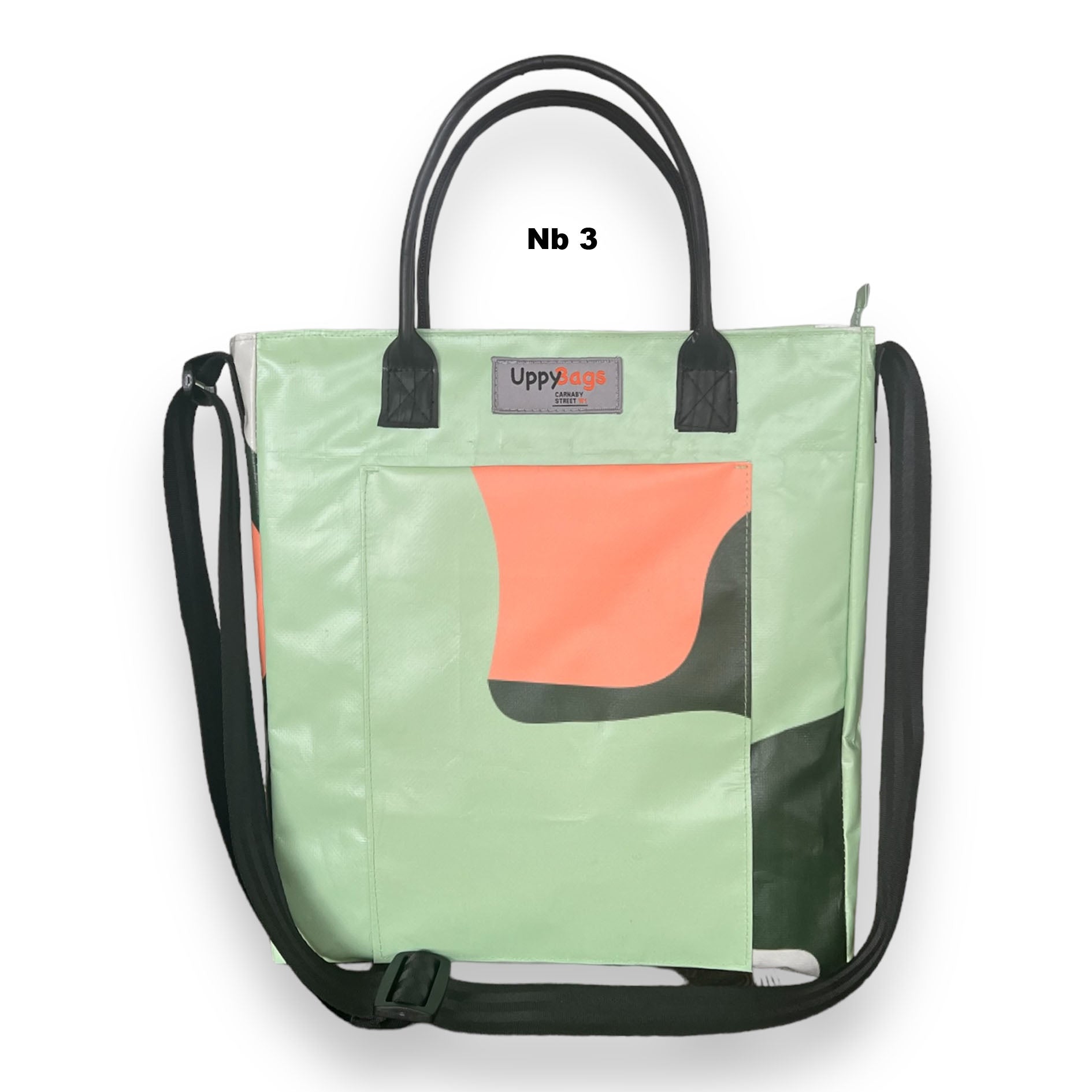 Recycled material bag made of upcycled scaffold banner