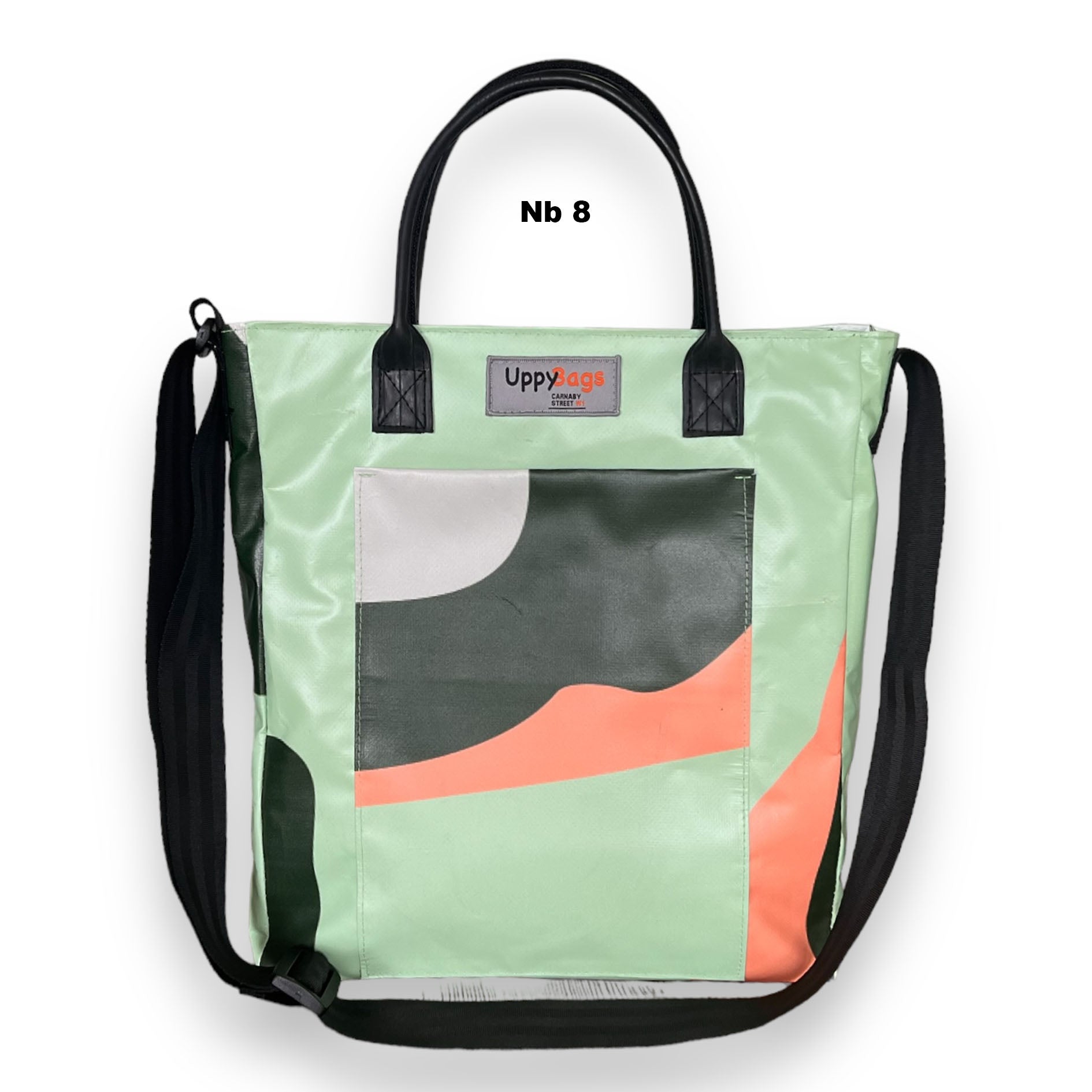 Recycled material bag made of upcycled scaffold banner