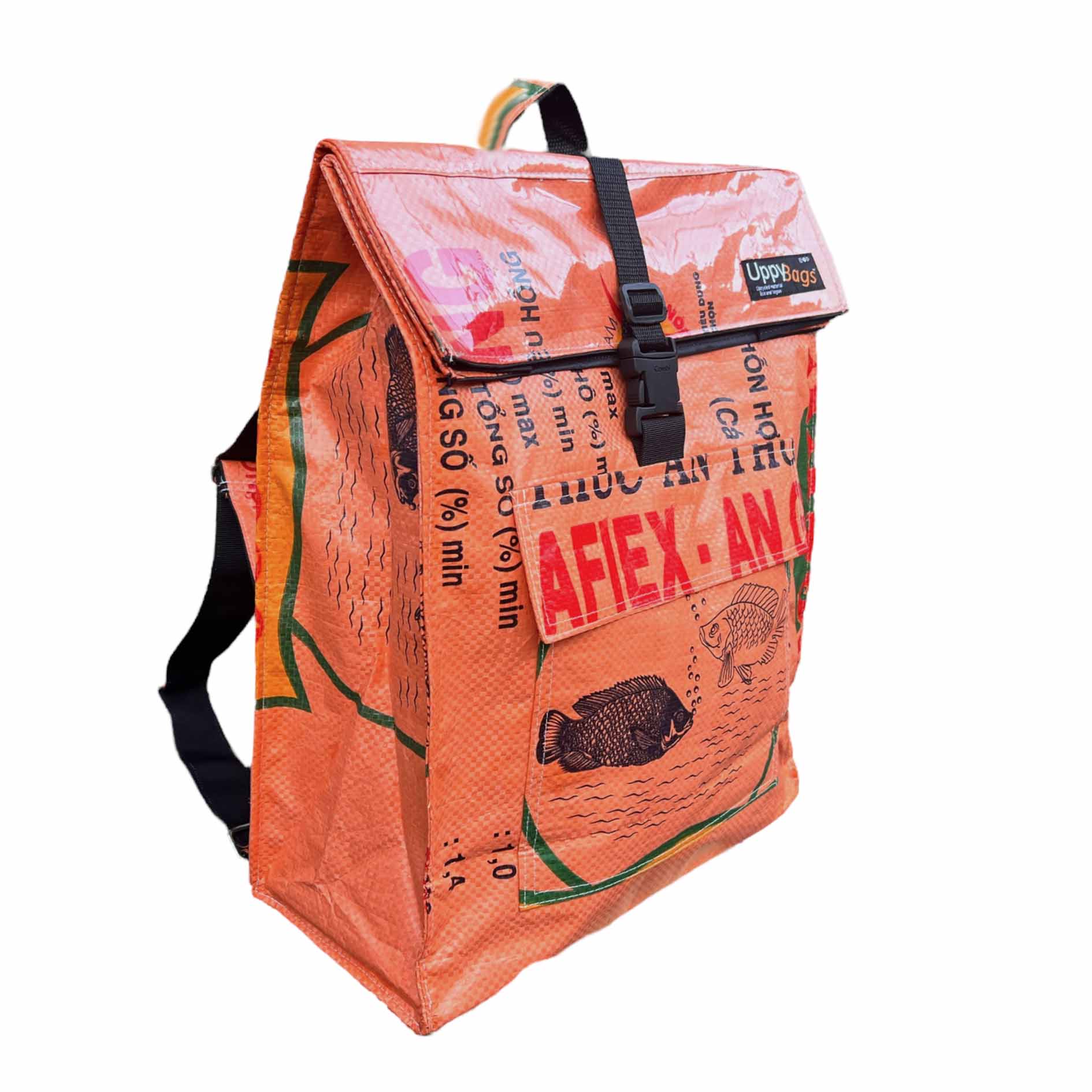 Recycled material roll-top orange backpack