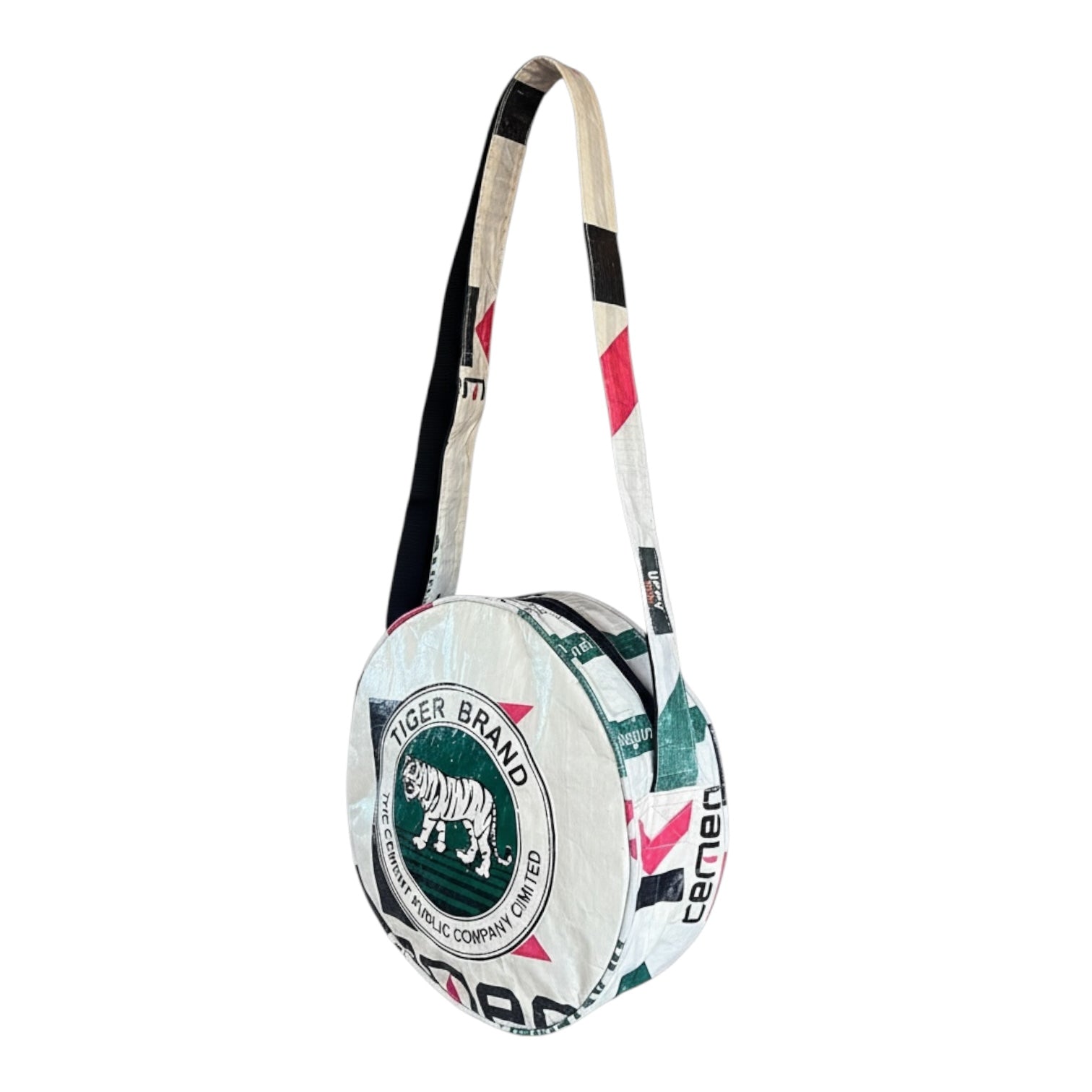 Round bag with Tiger Brand logo, upcycled bag