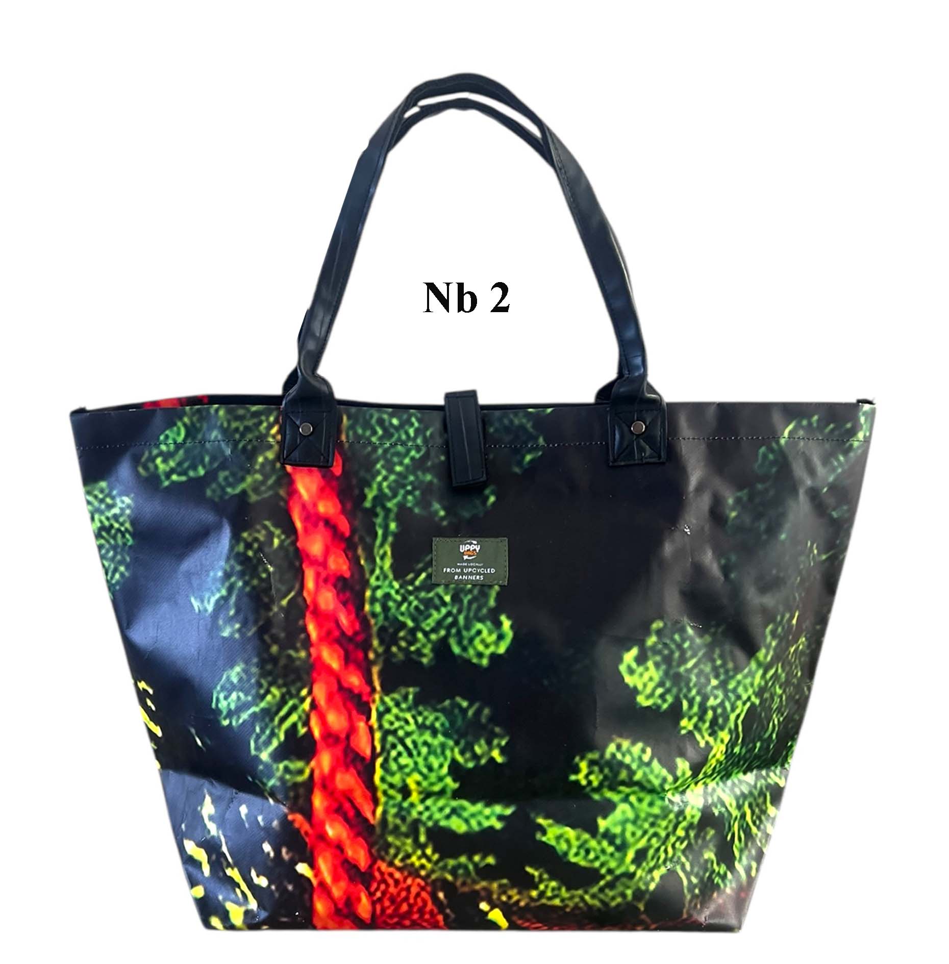 Tote bag with colorful design and visible brand logo on a white background