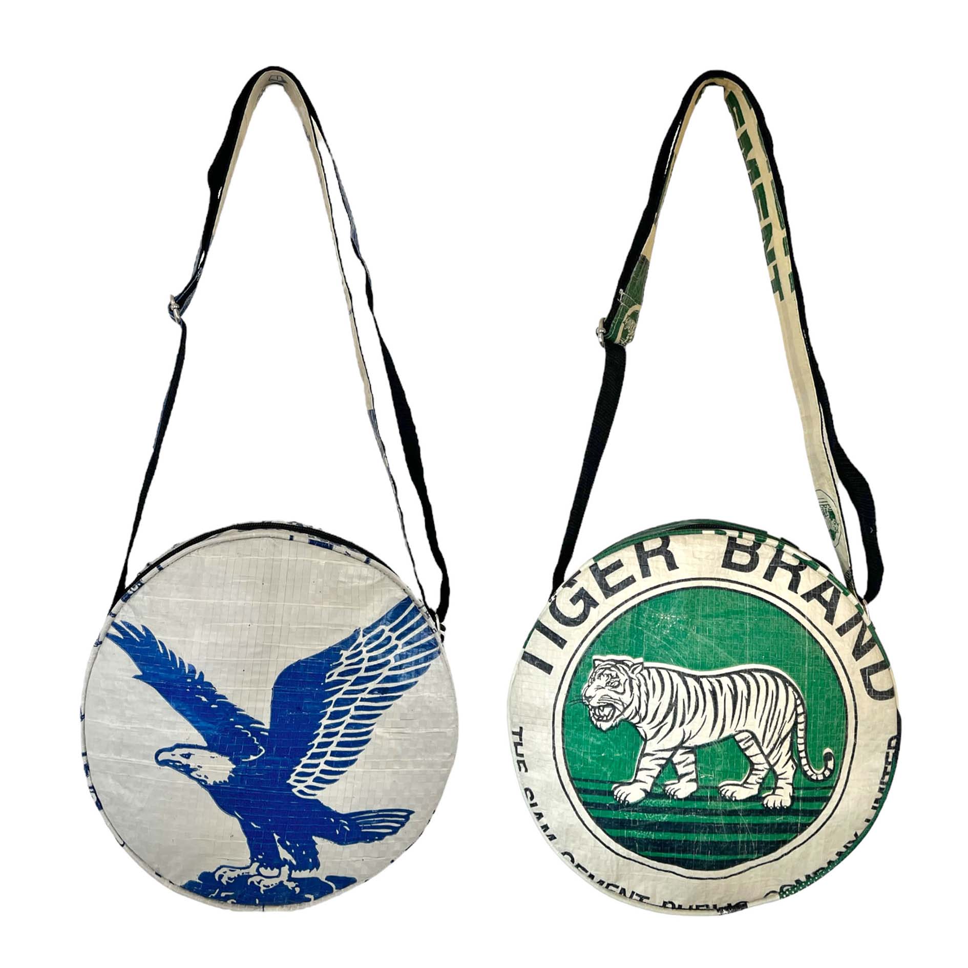 Recycled material round bags with animal prints . Ethical bags.
