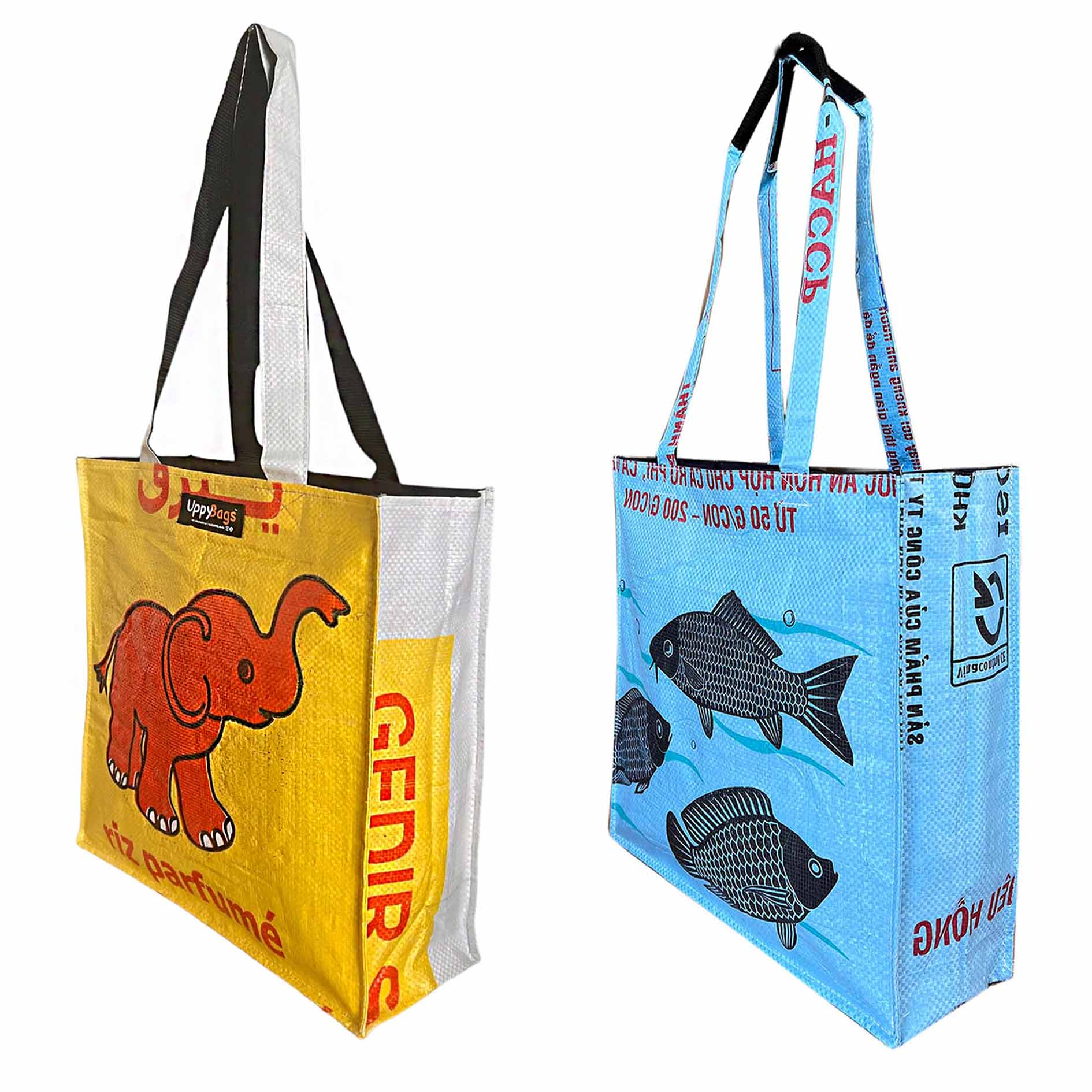 Recycled material tote bags with animal prints