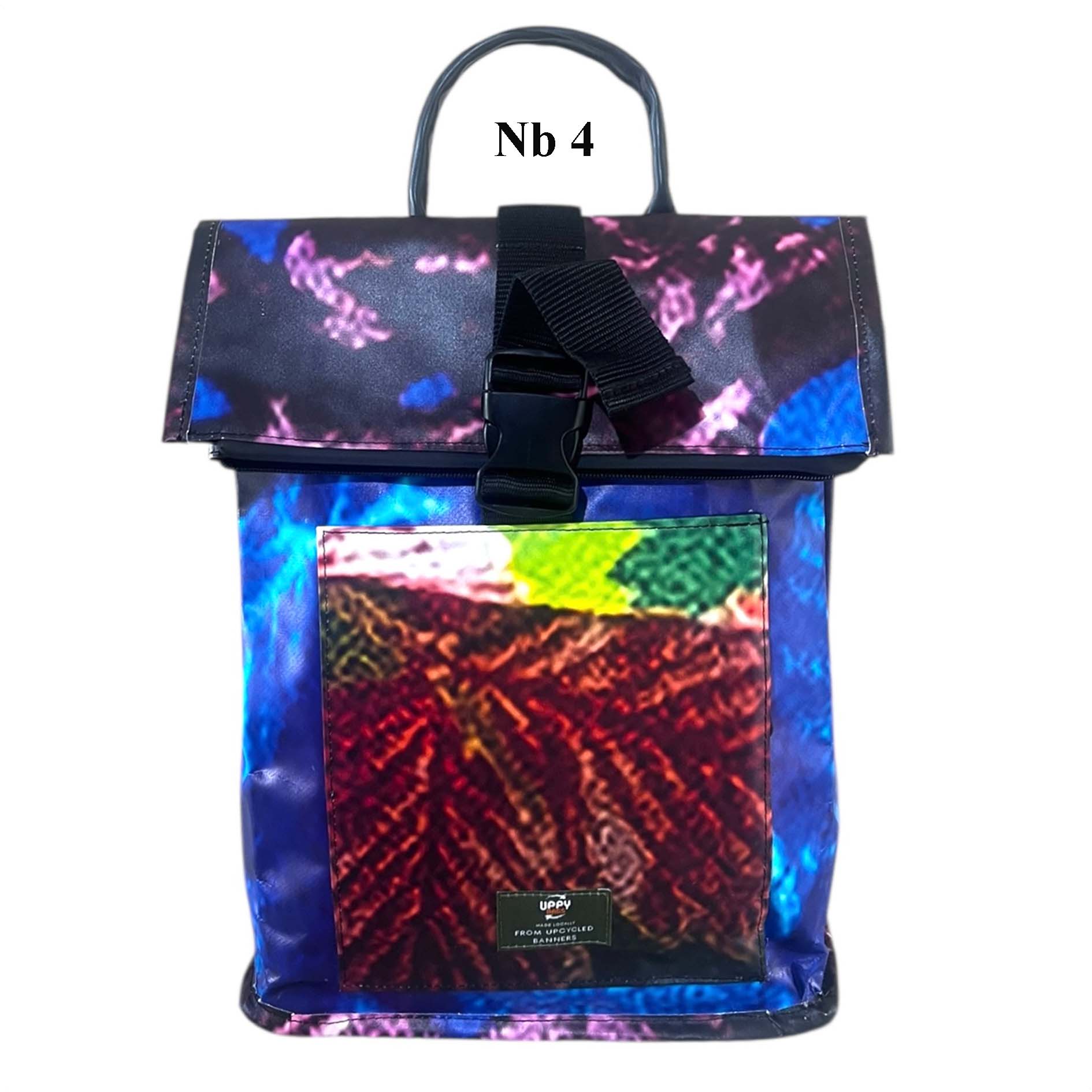 Multicolor backpack with a colorful front pocket, stylish bag