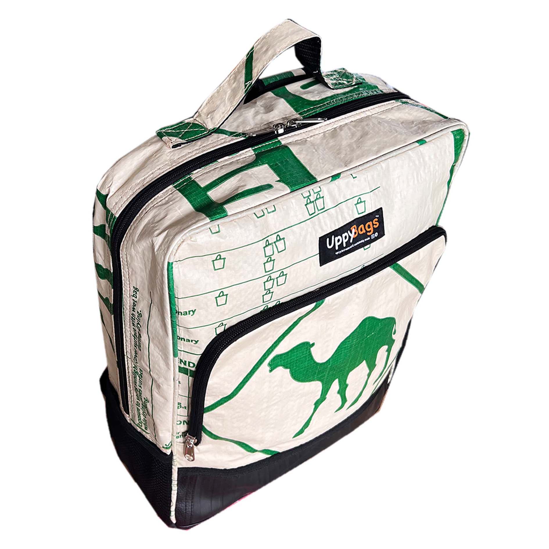 Recycled backpack UK, ethical bags UK, recycled material backpack with animal print. Laptop backpack, work backpack made of recycled material with elephant and green camel print UppyBags