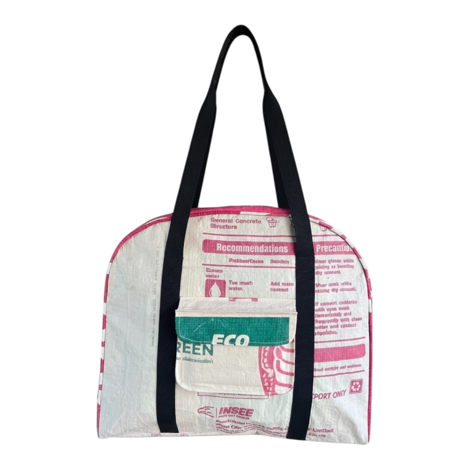 Bag made from recycled materials with visible text on a white background