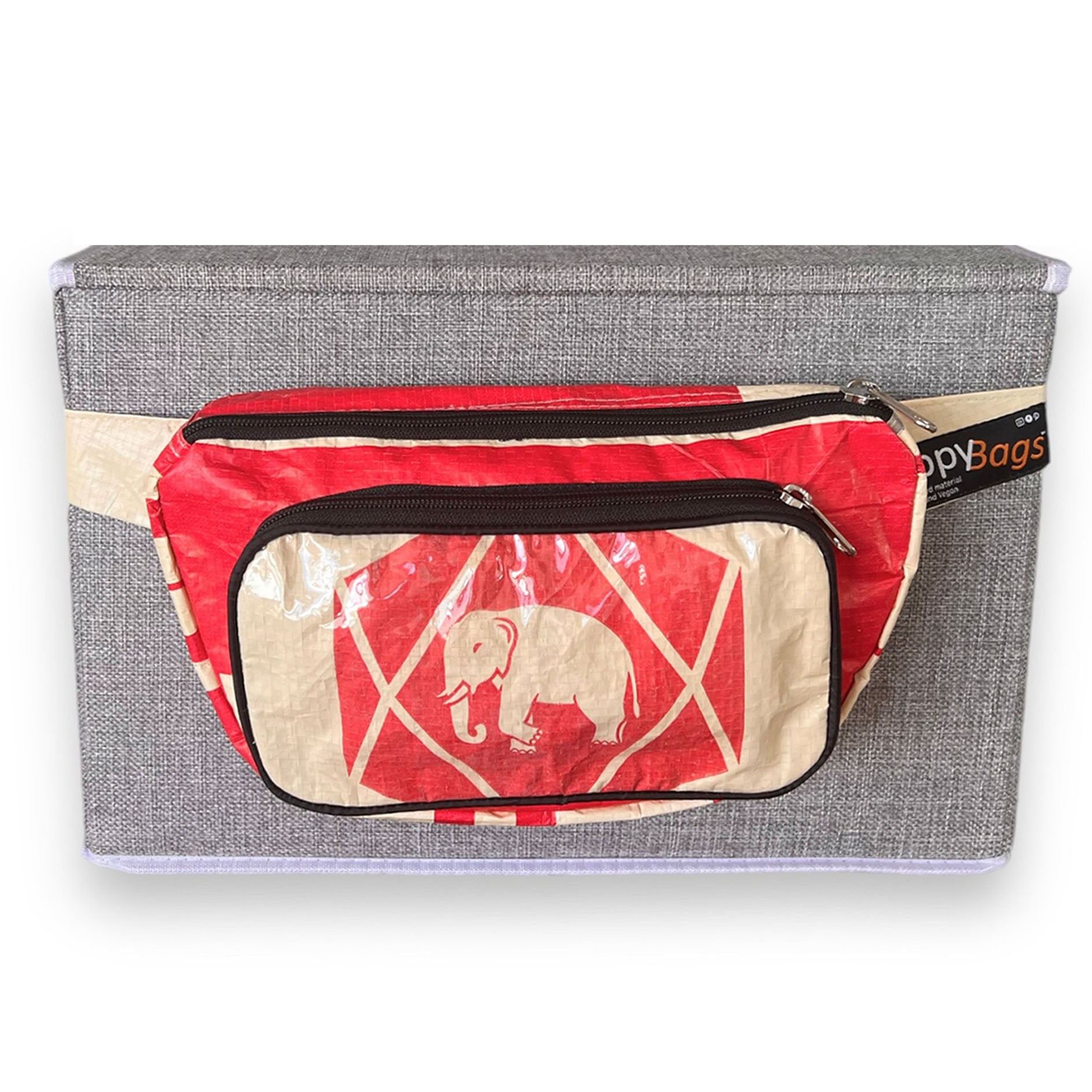 Recycled material bumbag with elephant , recycled bags uk, sustainable bumabag with elephant print UppyBags Edit alt text