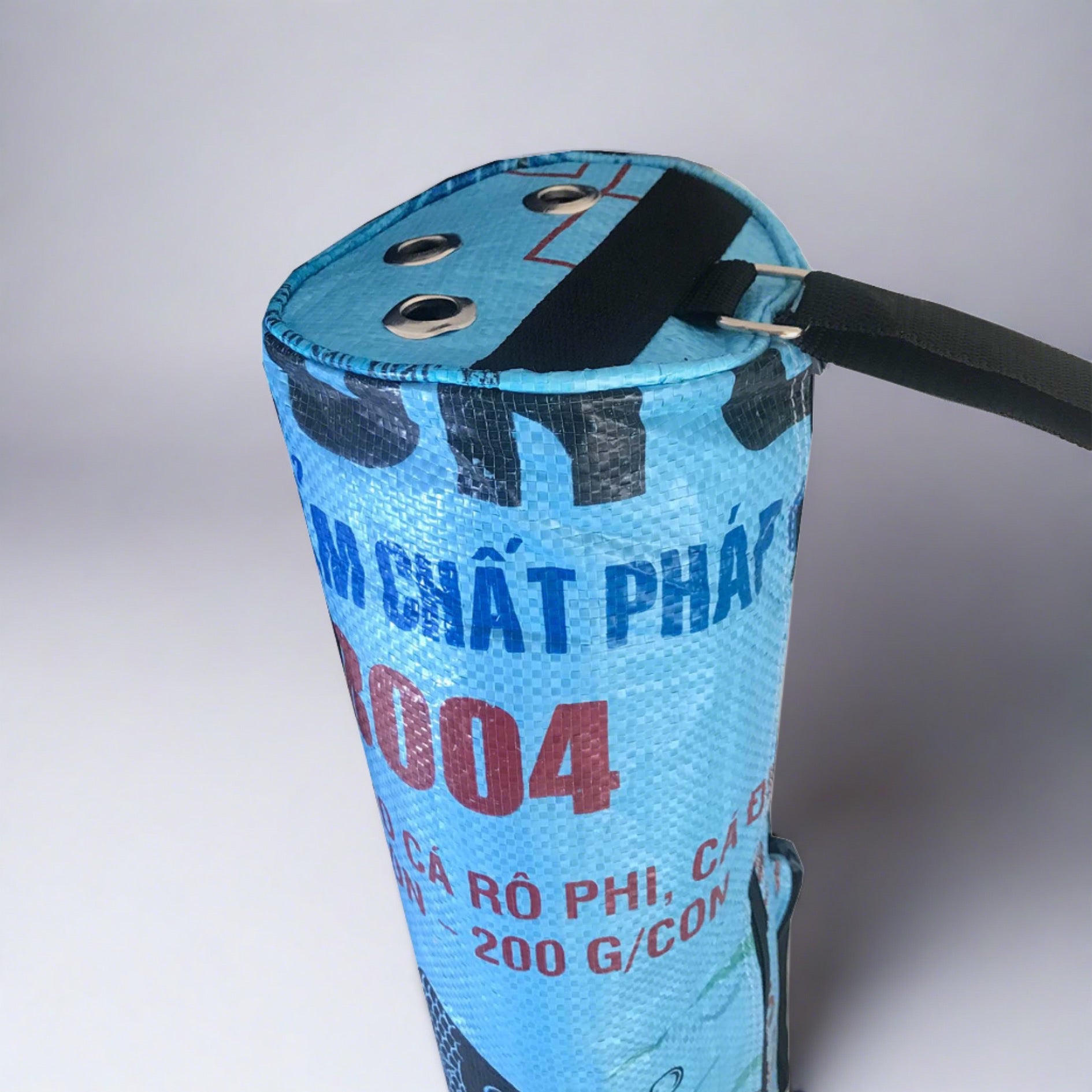 Recycled material yoga mat bag with side pocket by UppyBags. Ethically made recycled bag with fish print