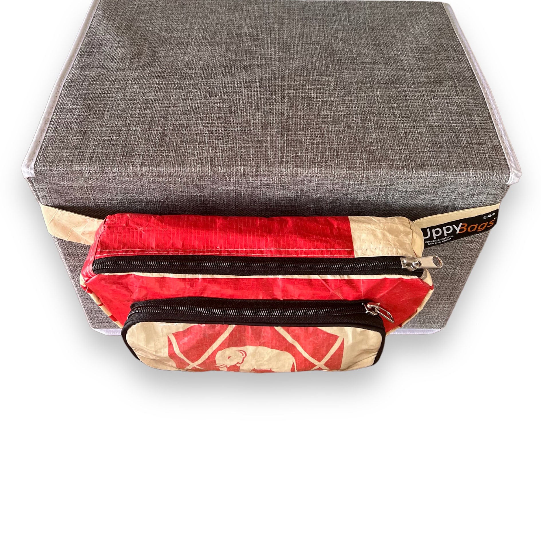 Recycled material bumbag with elephant , recycled bags uk, sustainable bumabag with elephant print UppyBags Edit alt text