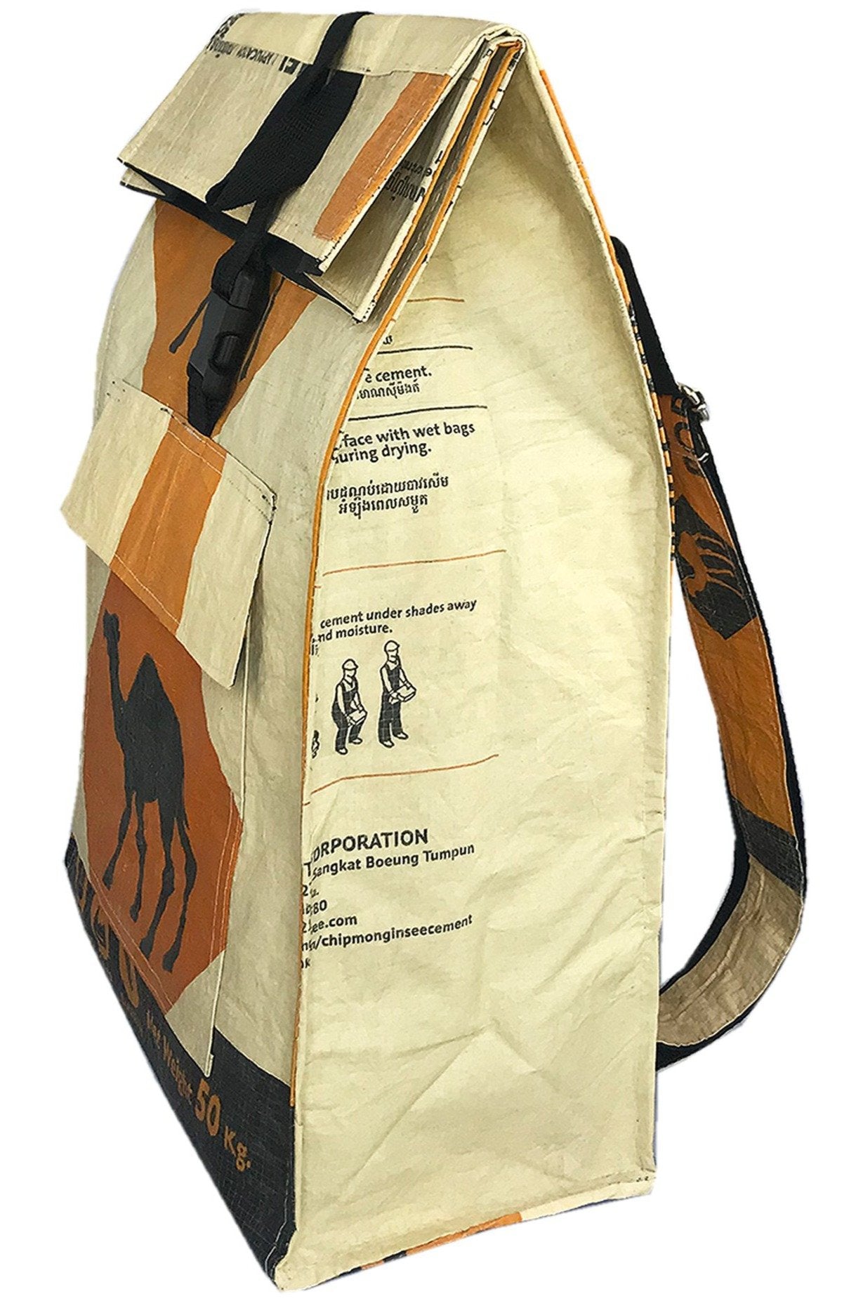 upcycled recycled material backpack with camel print