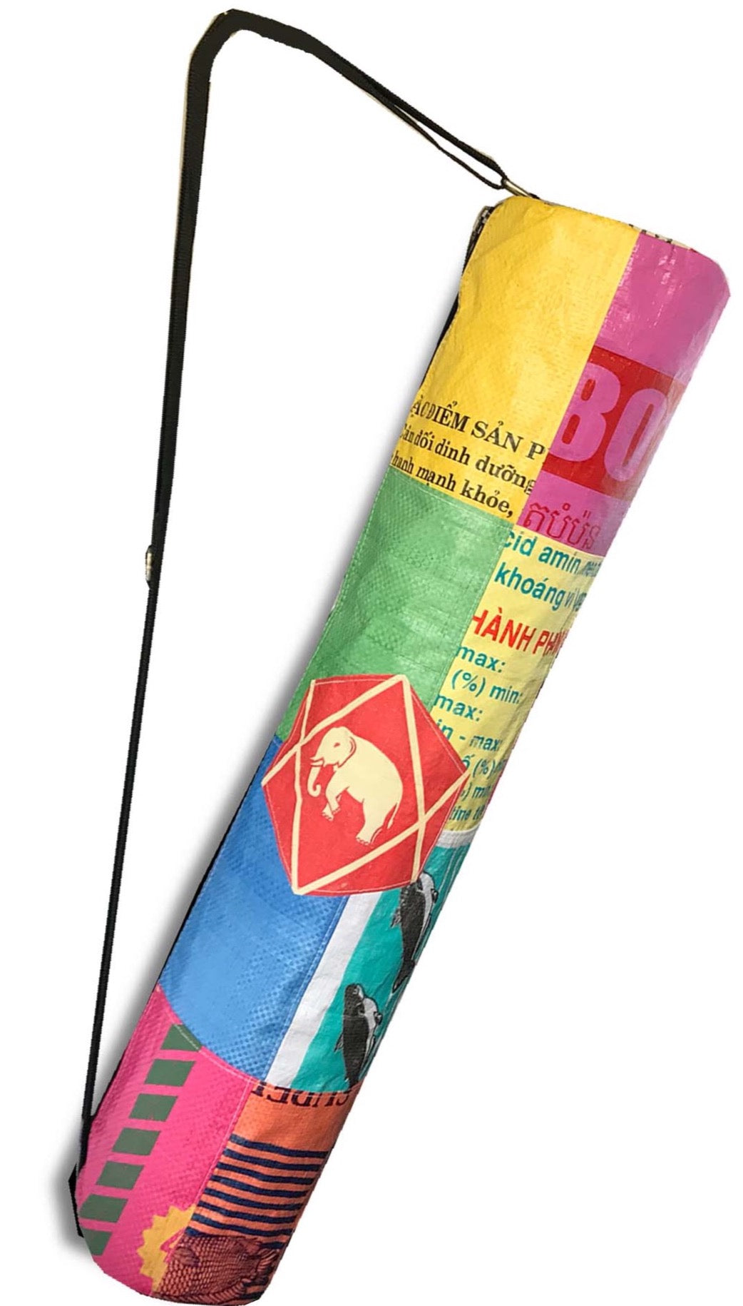 Recycled material yoga mat bag by Uppybags . Sustanaibaly made yoga bag with elephant print made from recycle materials by UppyBags