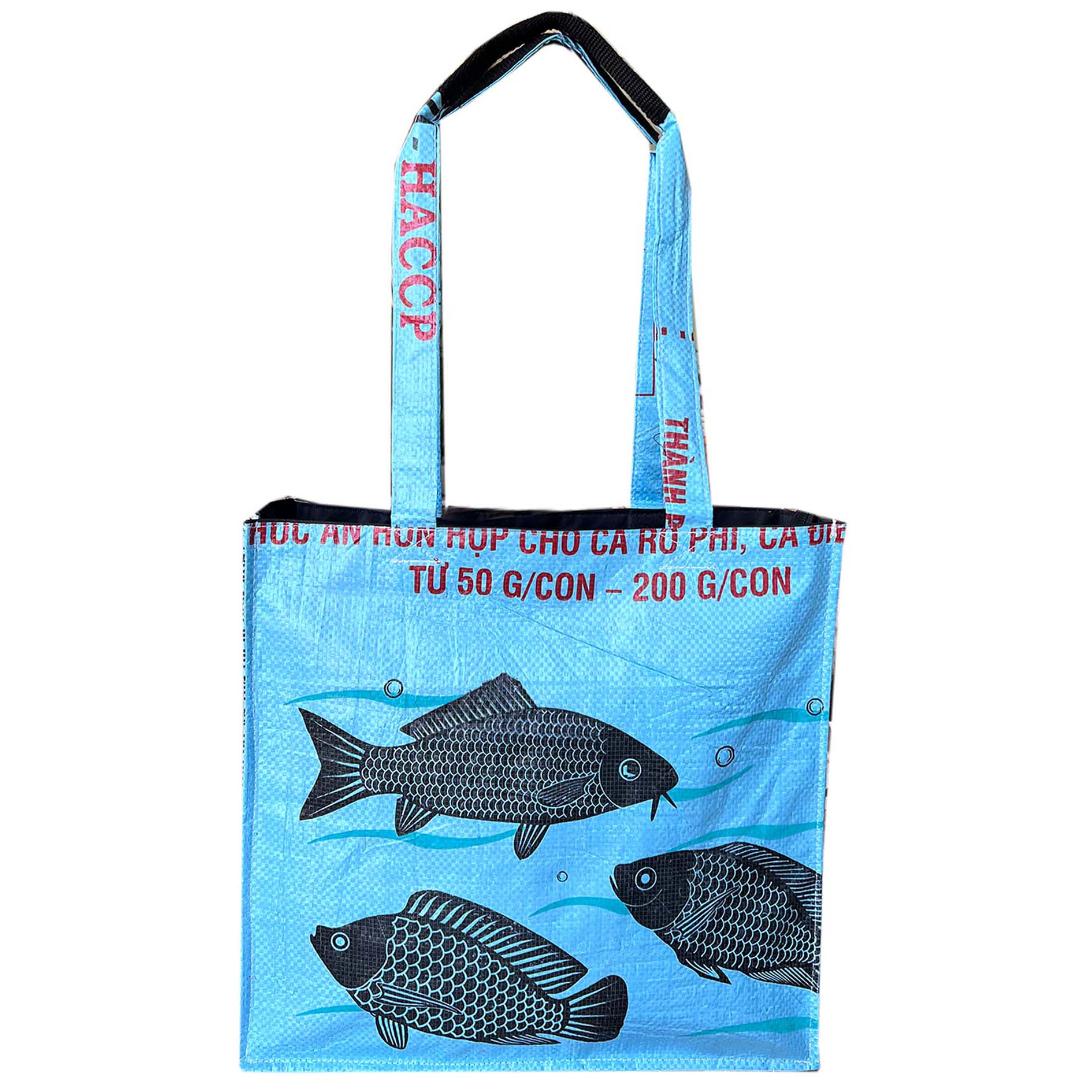 Recycled material blue tote shoulder bag by uppybags, recycled material shoulder bag uk, fish print, blue bag  Edit alt text