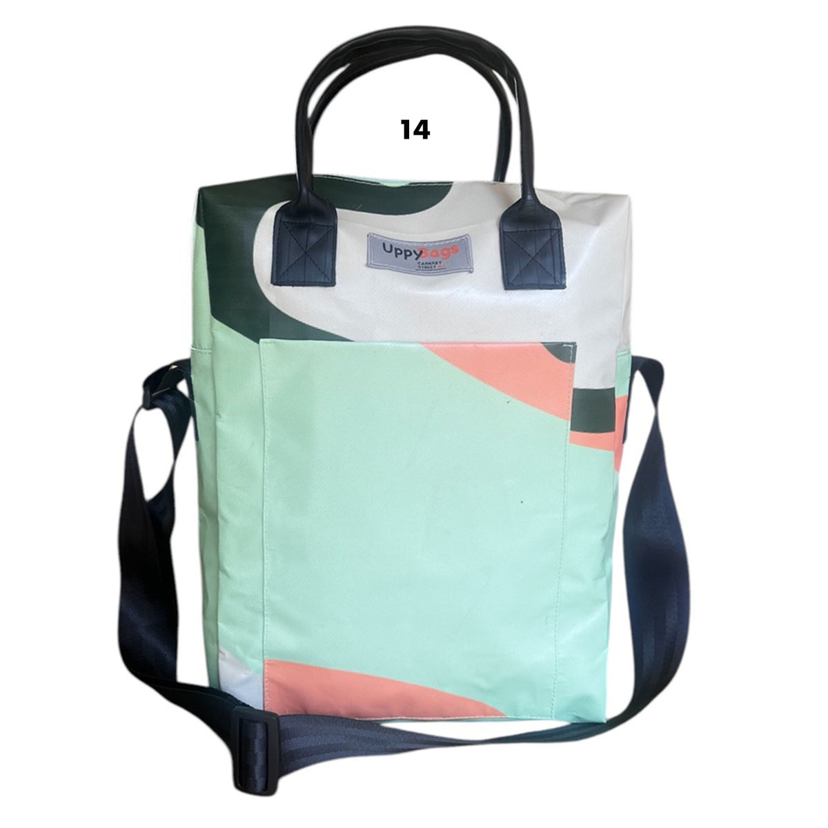 Upcycled  form building banner bag with handles