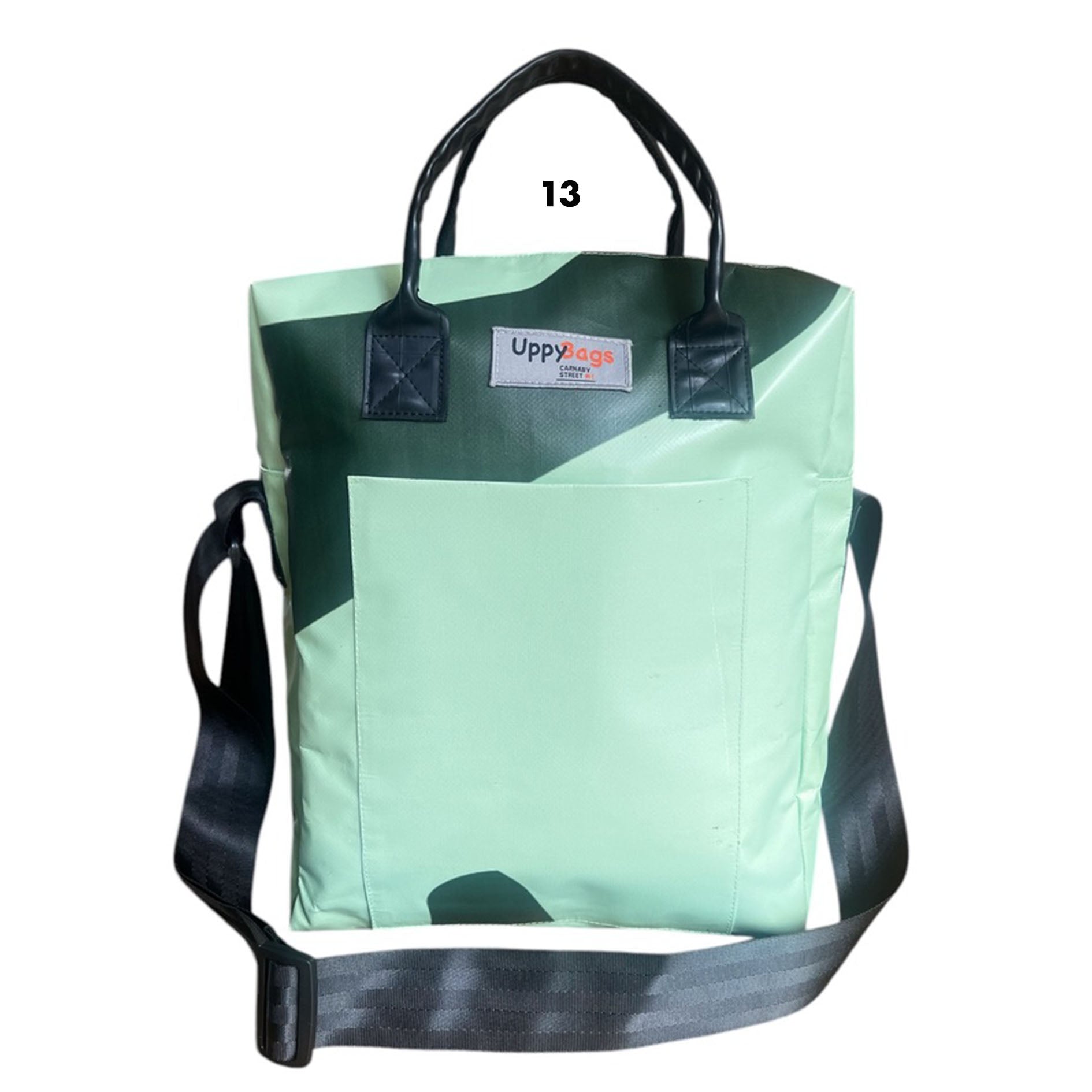 Recycled form building banner bag with handles and shoulder strap