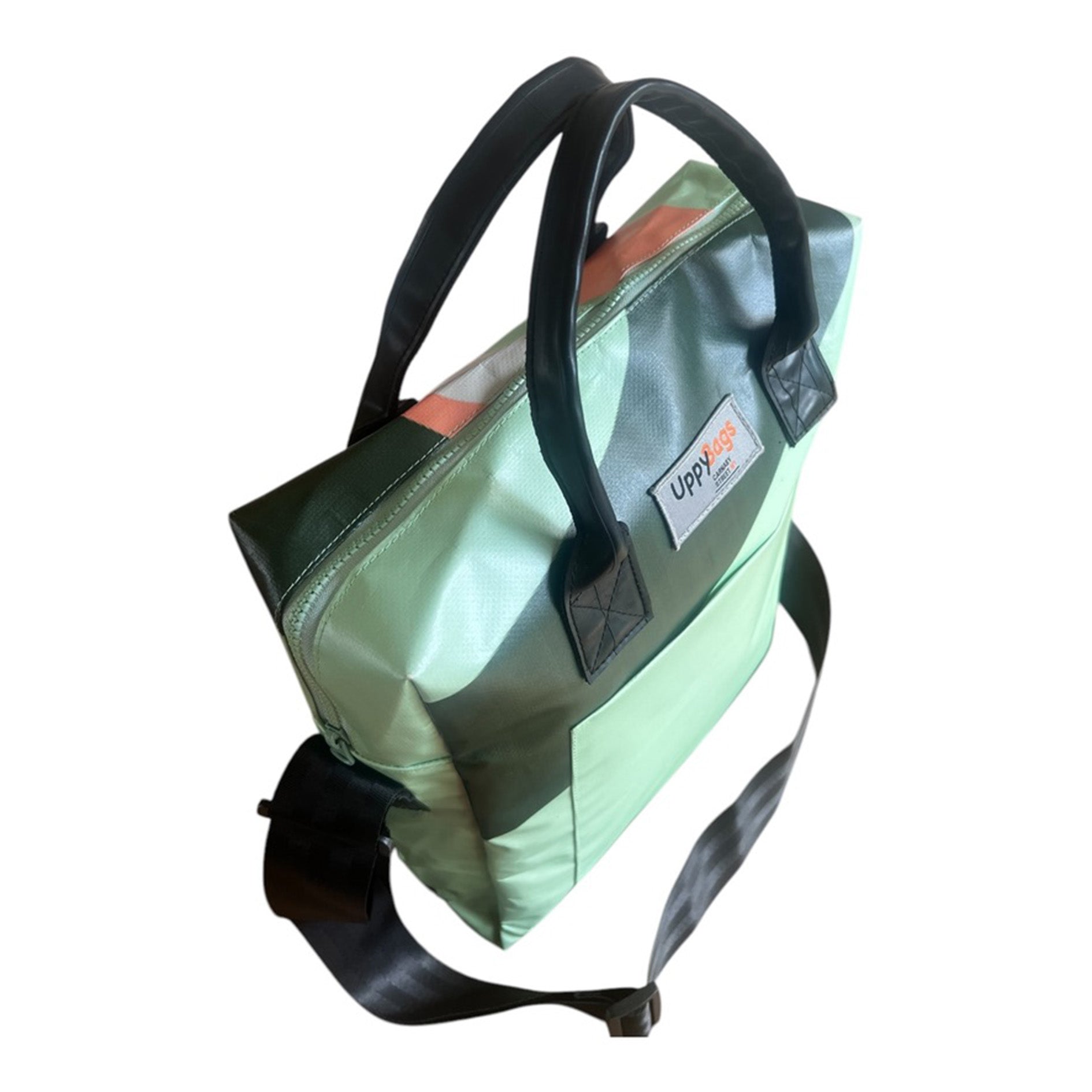 Recycled form building banner bag with handles and shoulder strap