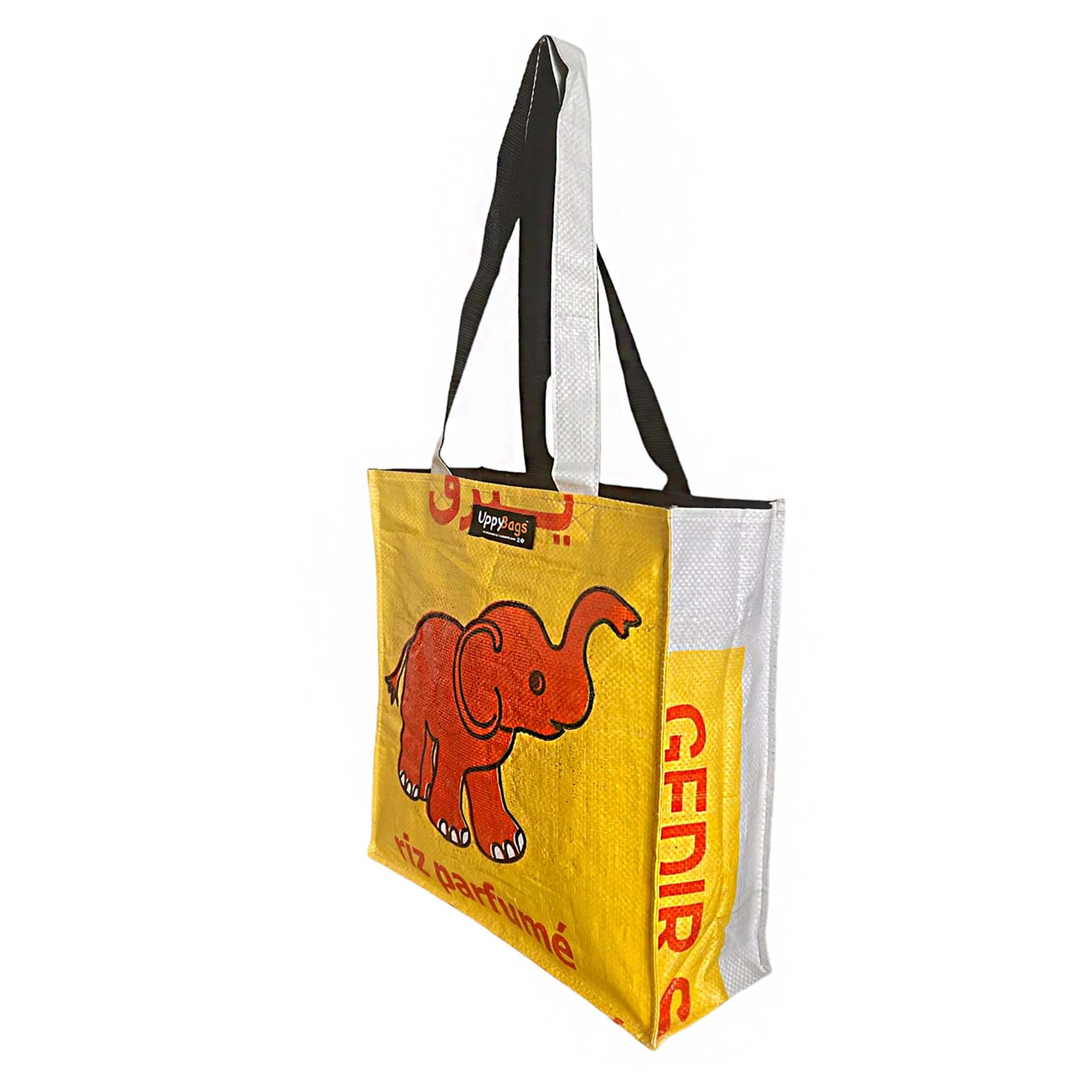 Recycled material tote bag with yellow elephant print