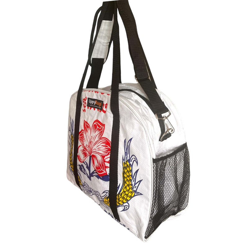 Recycled material bag with red flower , up-cycled gym bag, sustainable duffle bag , cement bag  Edit alt text