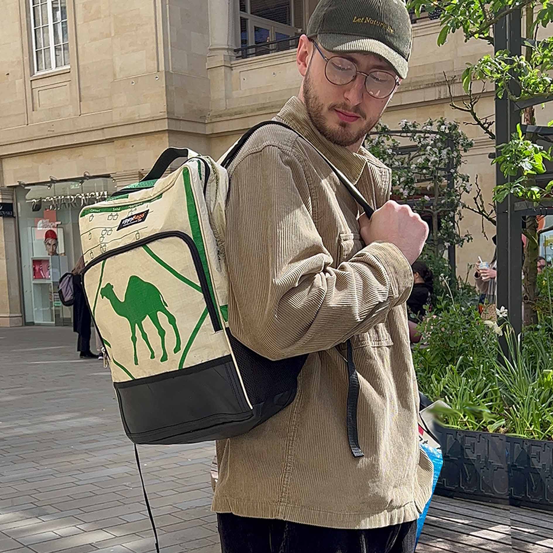 Recycled material bag with camel print, laptop backpack