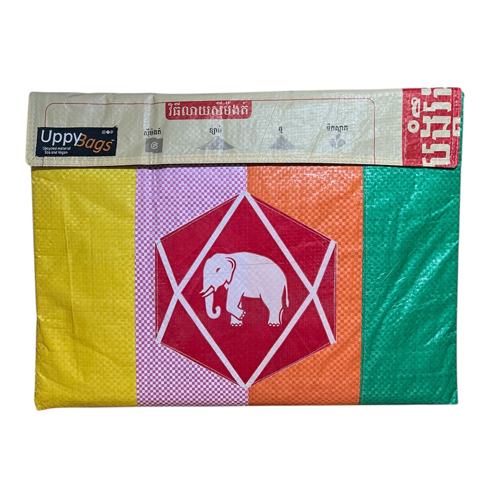 Colorful laptop cover with a logo and text on a white background
