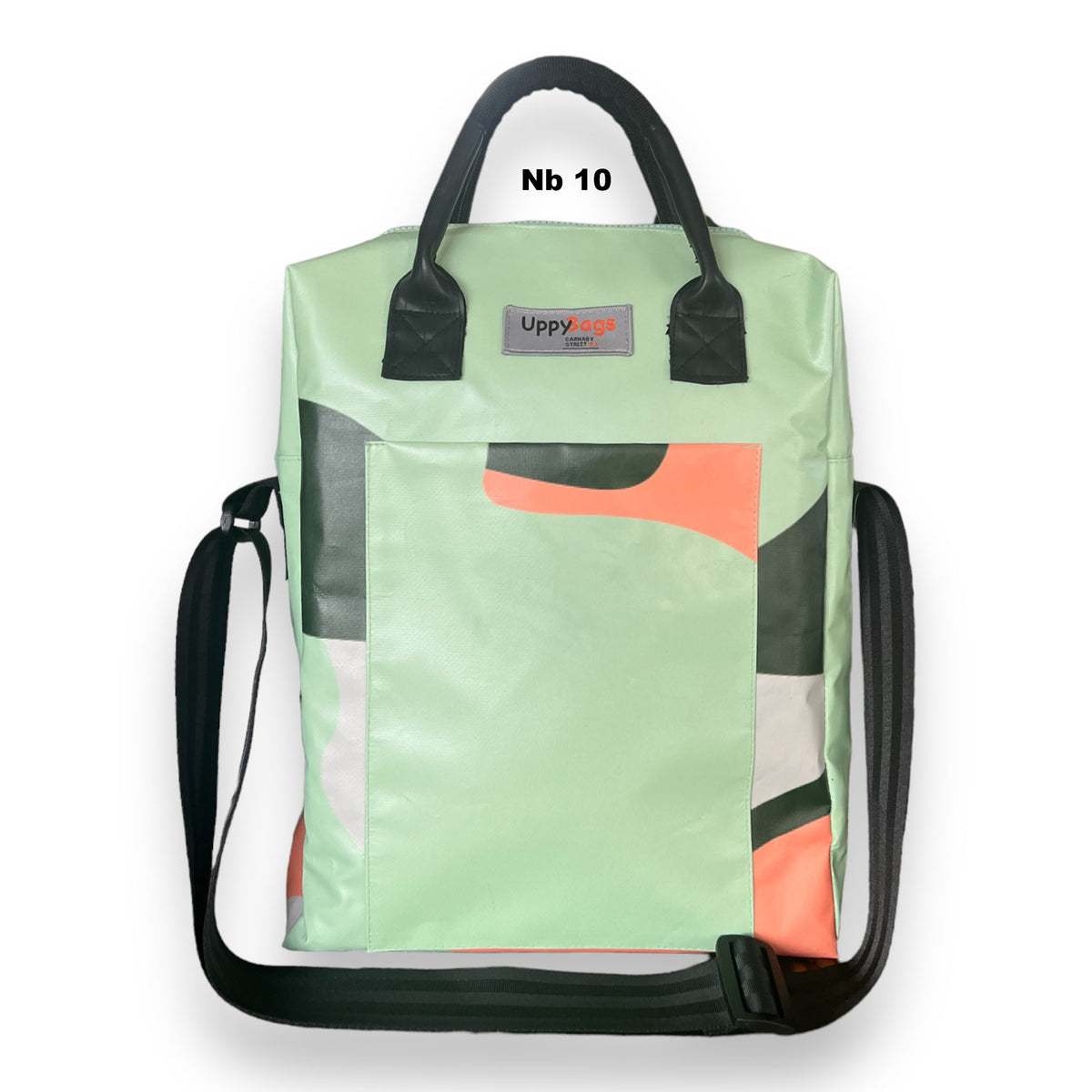  a green Carnaby handbag with a geometric pattern featuring orange and white colors.