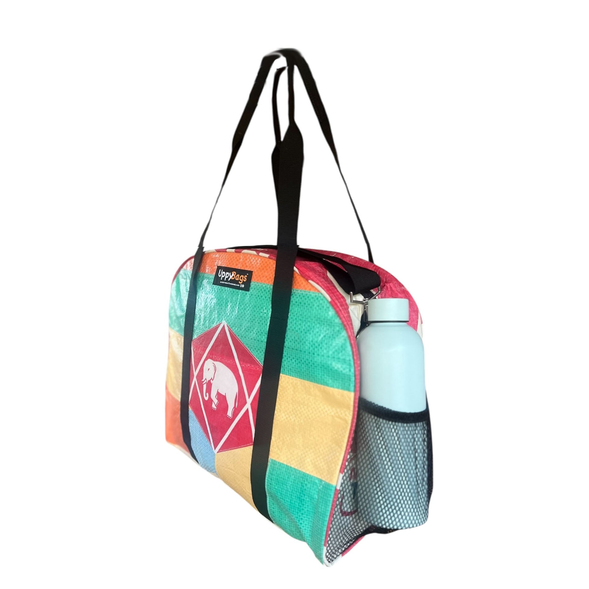 Colorful tote bag with a water bottle on a white background
