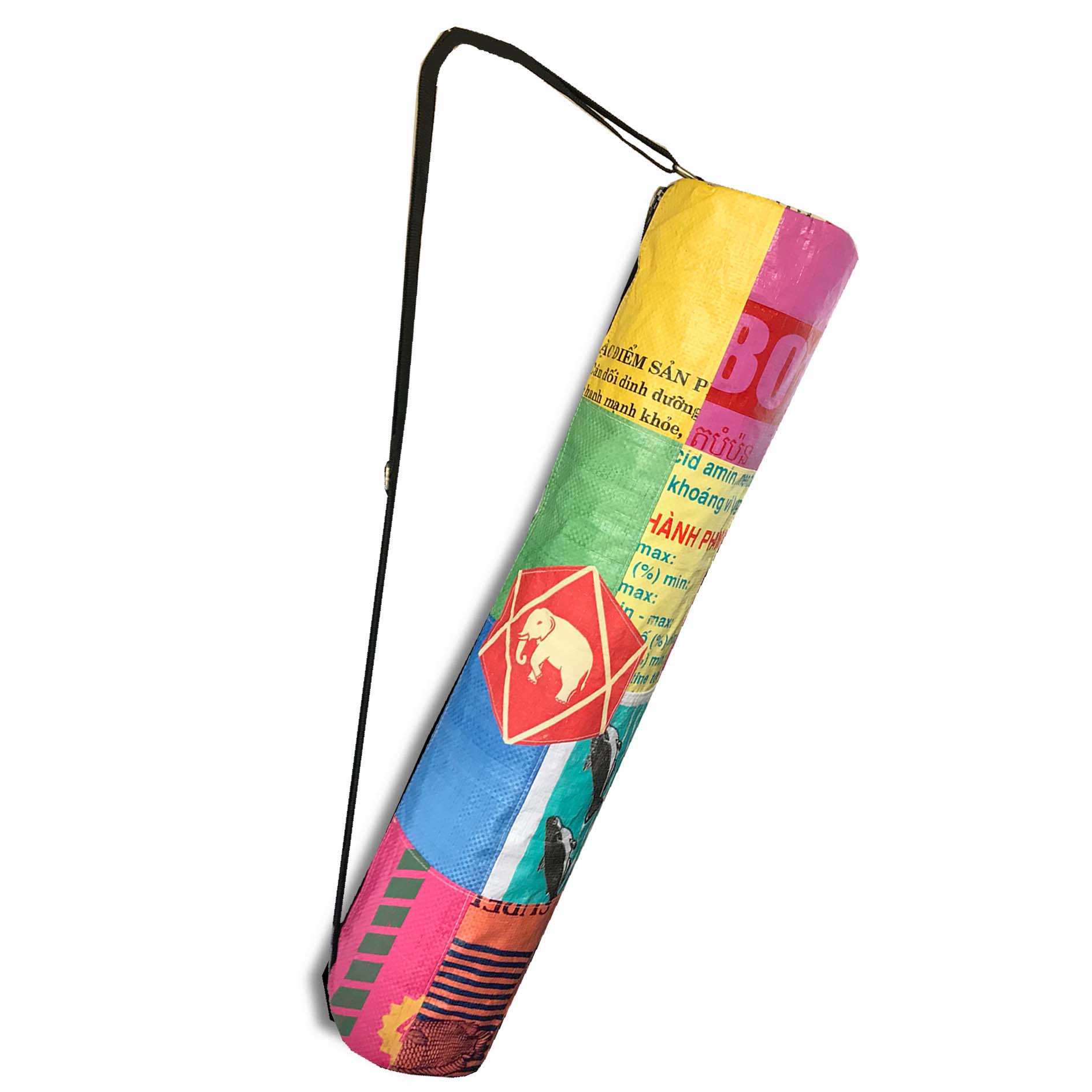 Colourful yoga bag with patterned design on a white background