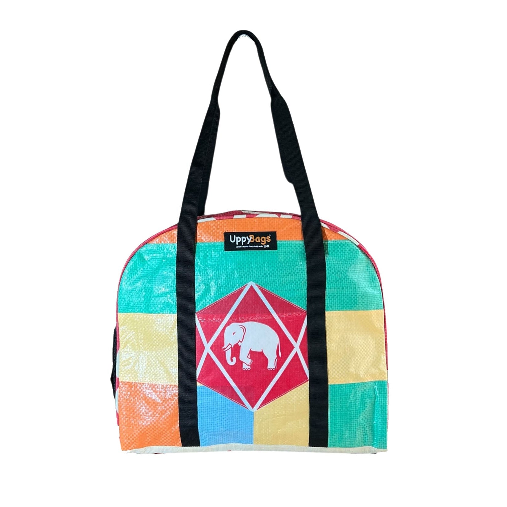 Colorful bag with geometric design and black handle on a white background