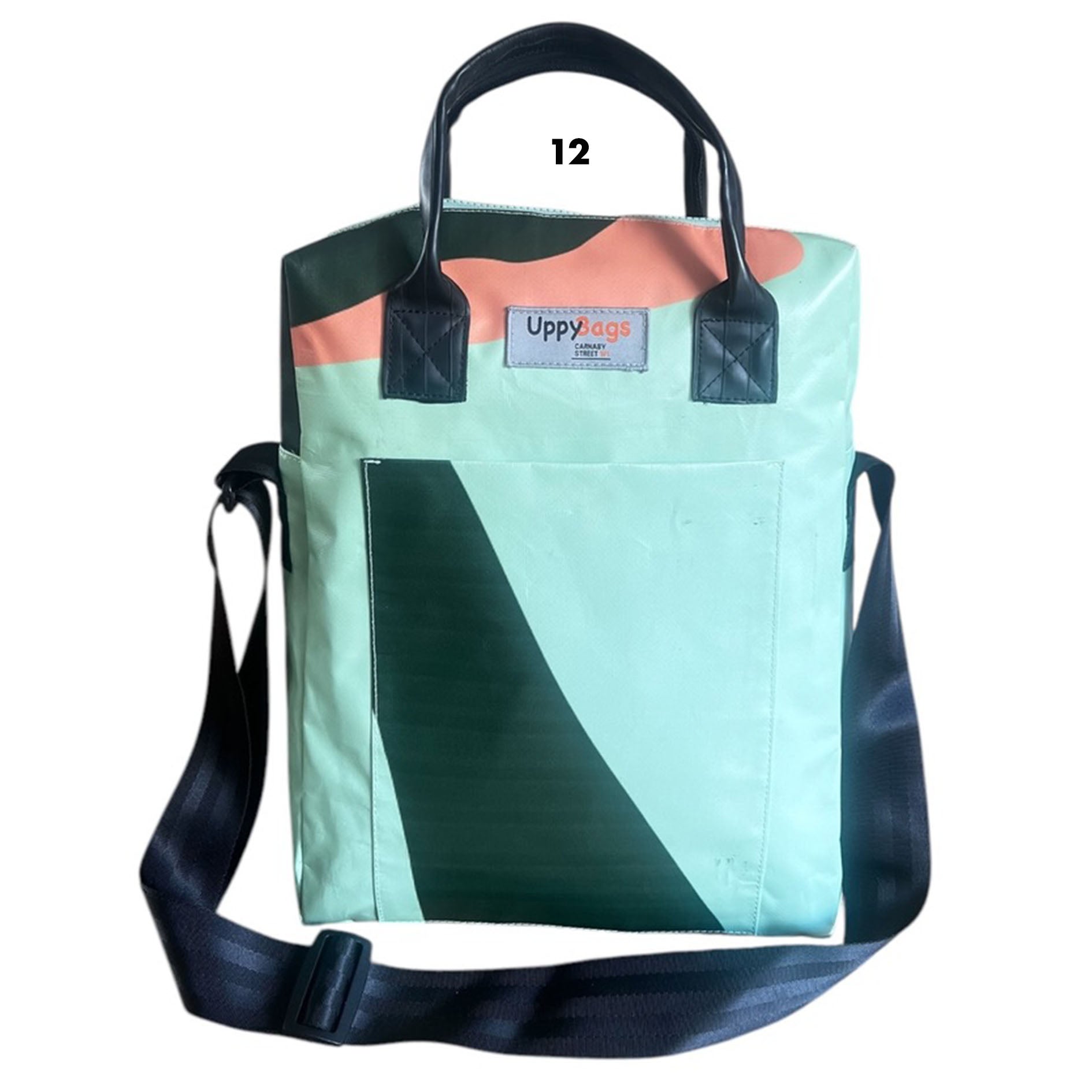 Recycled form building banner bag with handles and shoulder strap