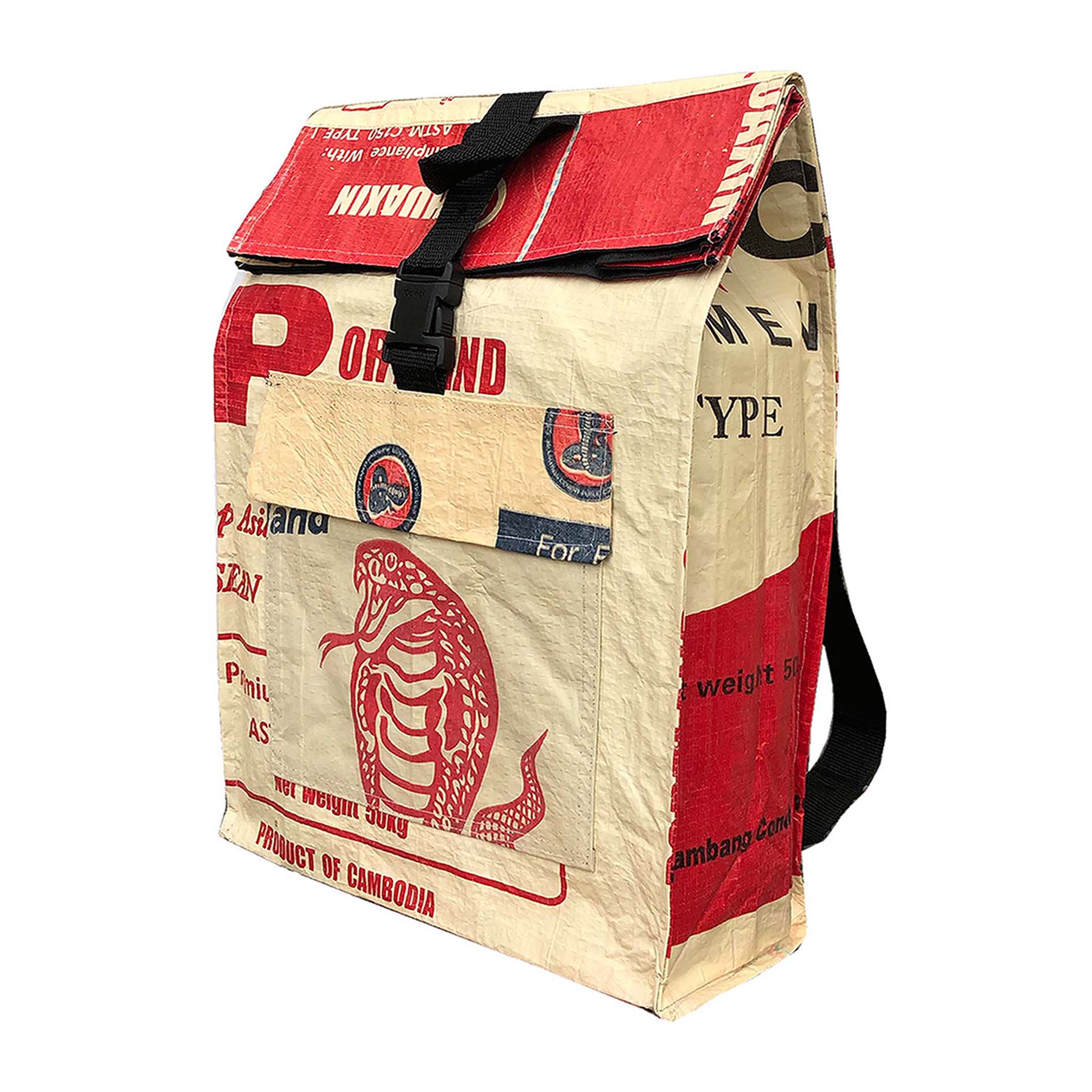 recycled material roll-top backpack UK by uppybags with cobra  Edit alt text