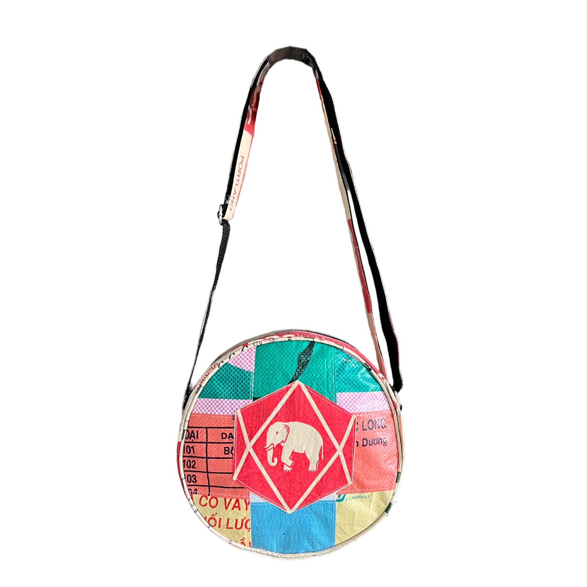 Funky recycled material multicolour round bag with animal print Edit alt text Edit alt text  Edit alt text