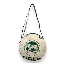 Round small recycled material shoulder bag UK with animal print tiger print  Edit alt text
