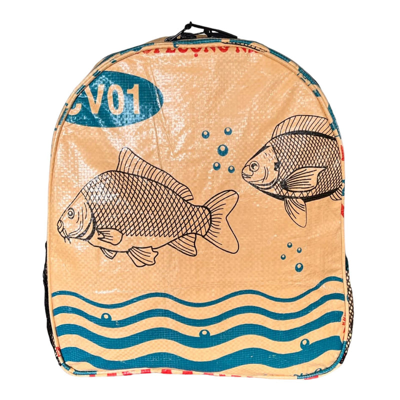 Small recycle material backpack, recycled from cement bags funky backpack UppyBags fish print  Edit alt text