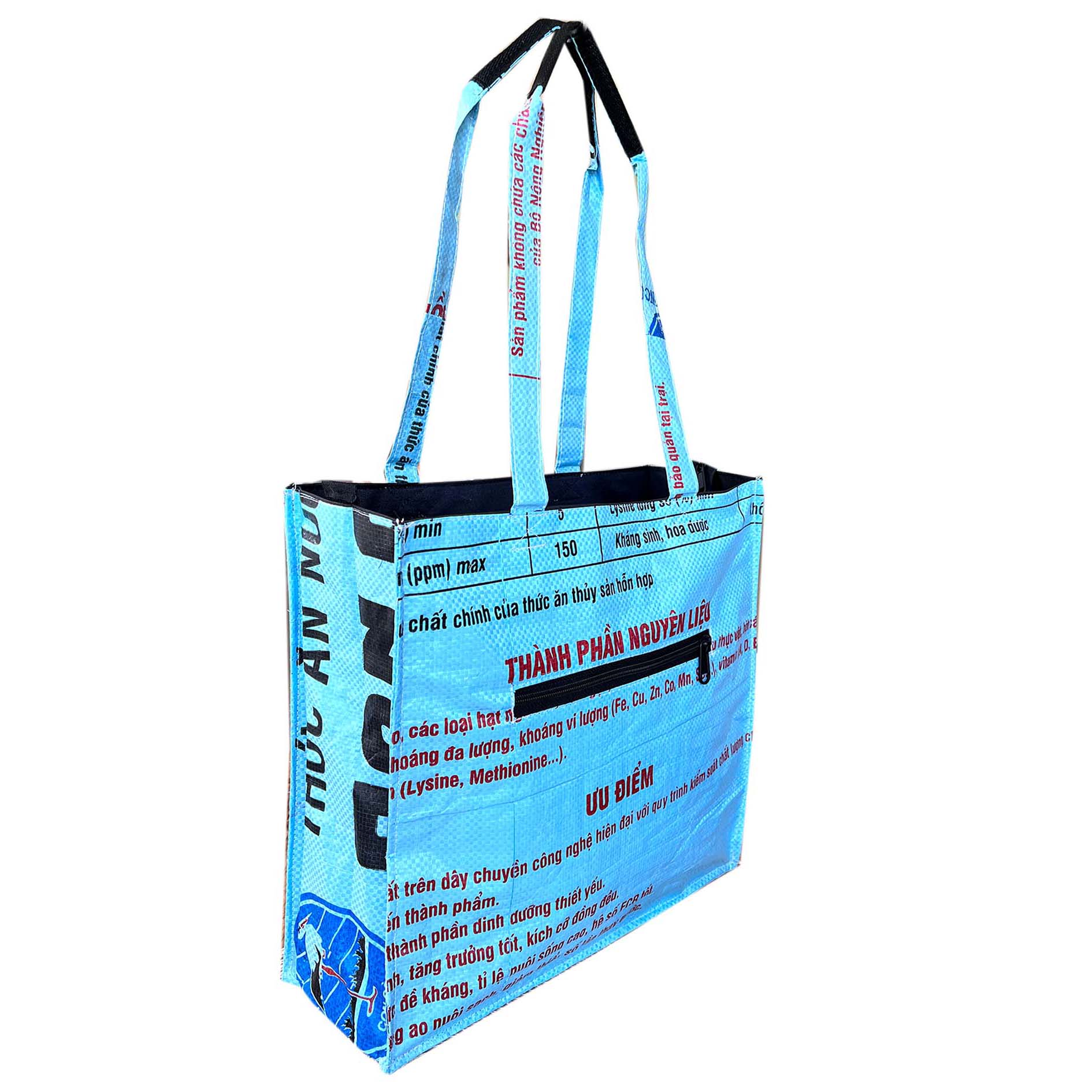 Recycled material blue tote shoulder bag by uppybags, recycled material shoulder bag uk, fish print, blue bag  Edit alt text
